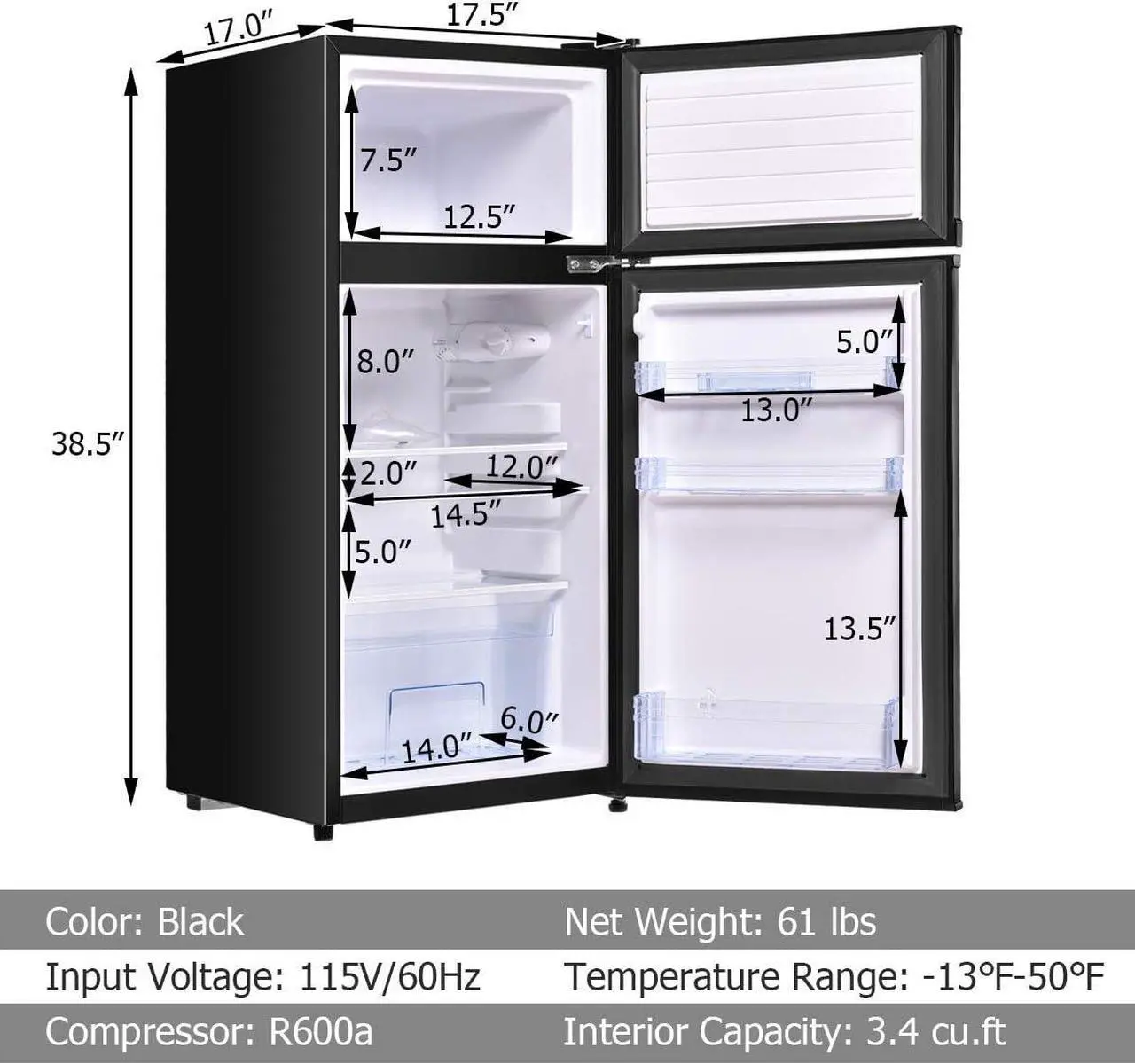Alt view image 6 of 7 - COSTWAY Compact Refrigerator, 3.4 Cu. Ft. Classic Fridge with Adjustable Removable Glass Shelves, Mechanical Control, Recessed Handle, Fridge Freezer for Dorm, Office, Apartment, Black