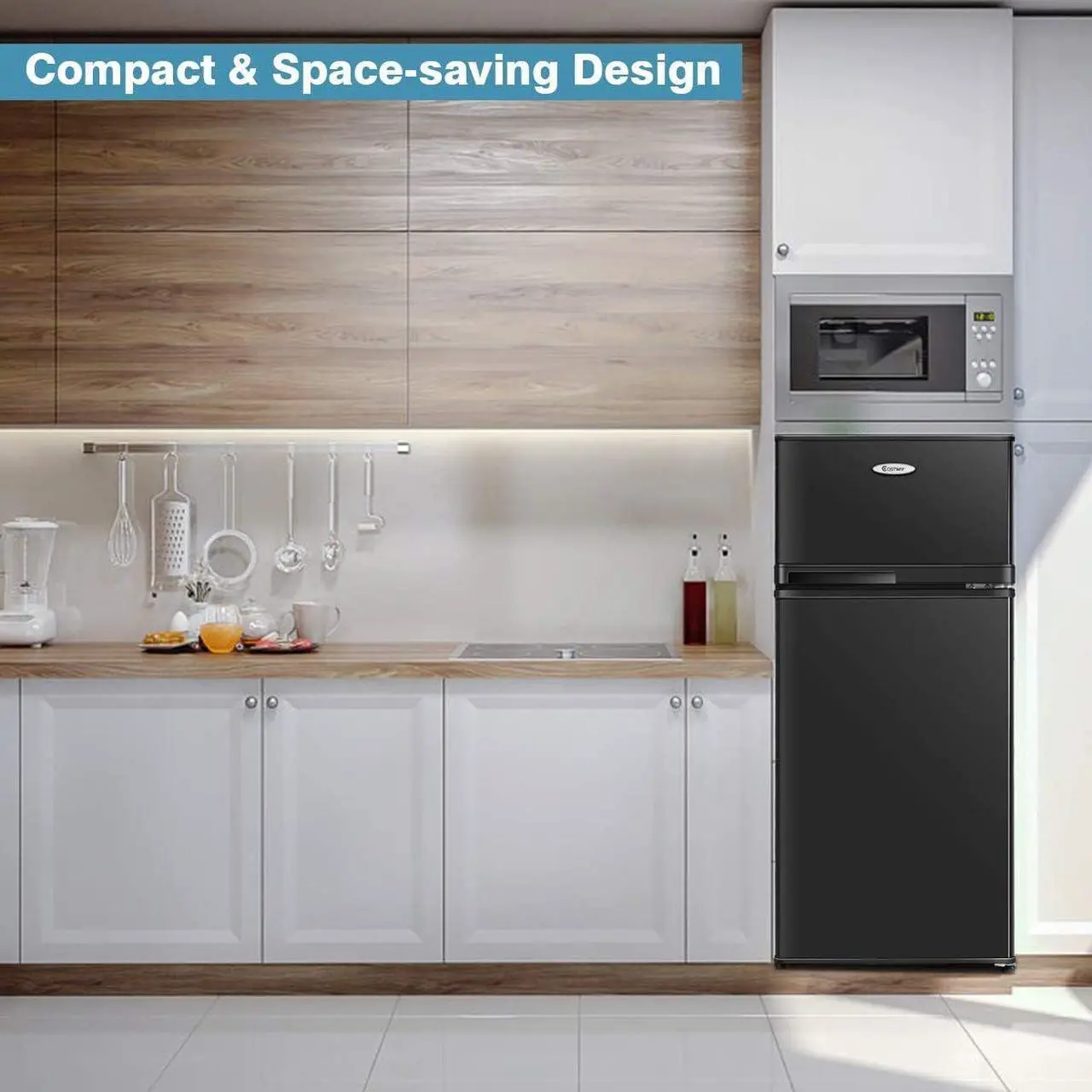 Alt view image 3 of 7 - COSTWAY Compact Refrigerator, 3.4 Cu. Ft. Classic Fridge with Adjustable Removable Glass Shelves, Mechanical Control, Recessed Handle, Fridge Freezer for Dorm, Office, Apartment, Black
