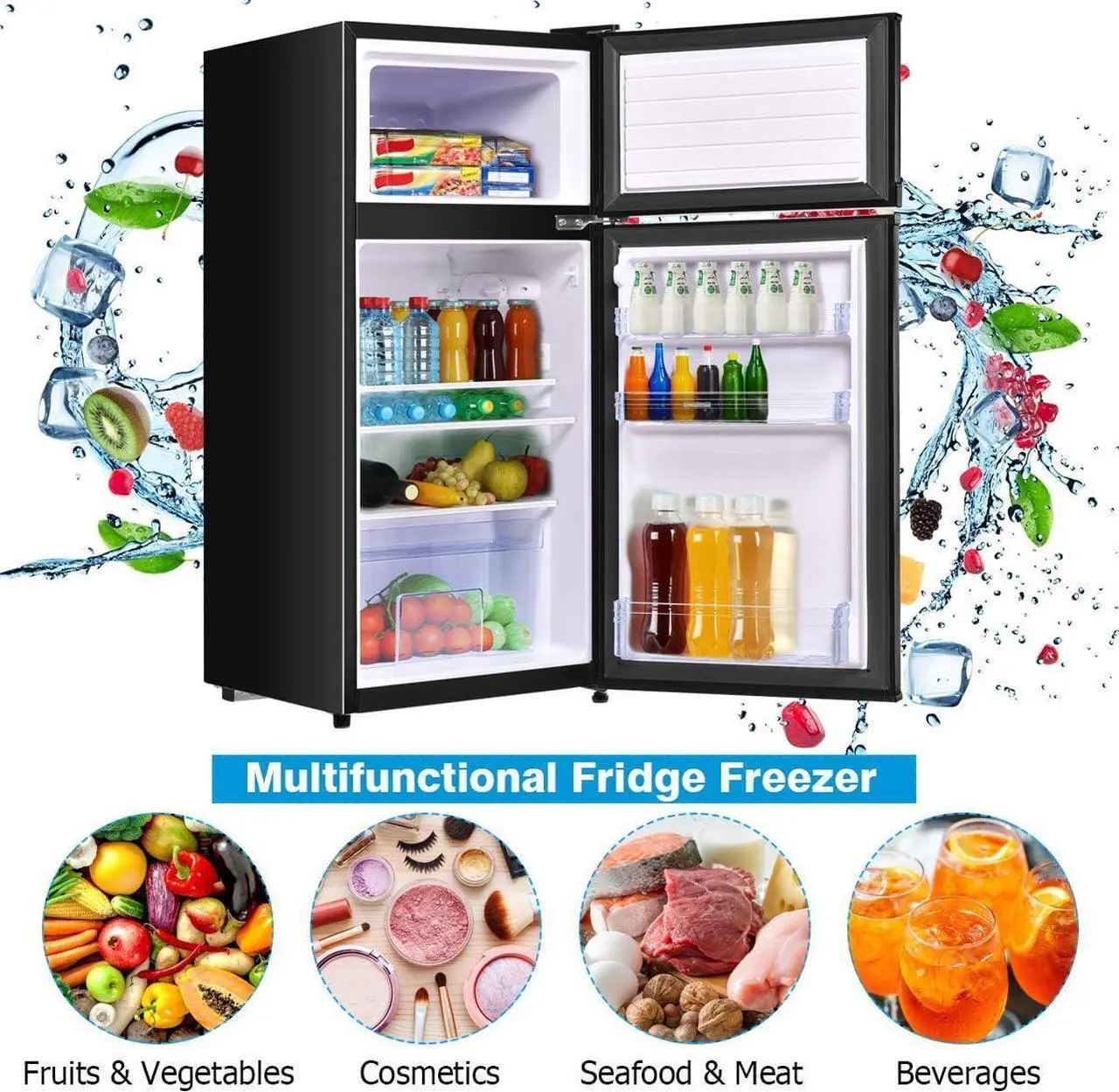 Alt view image 7 of 7 - COSTWAY Compact Refrigerator, 3.4 Cu. Ft. Classic Fridge with Adjustable Removable Glass Shelves, Mechanical Control, Recessed Handle, Fridge Freezer for Dorm, Office, Apartment, Black