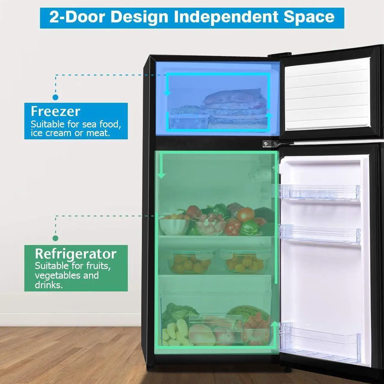 Alt view image 5 of 7 - COSTWAY Compact Refrigerator, 3.4 Cu. Ft. Classic Fridge with Adjustable Removable Glass Shelves, Mechanical Control, Recessed Handle, Fridge Freezer for Dorm, Office, Apartment, Black