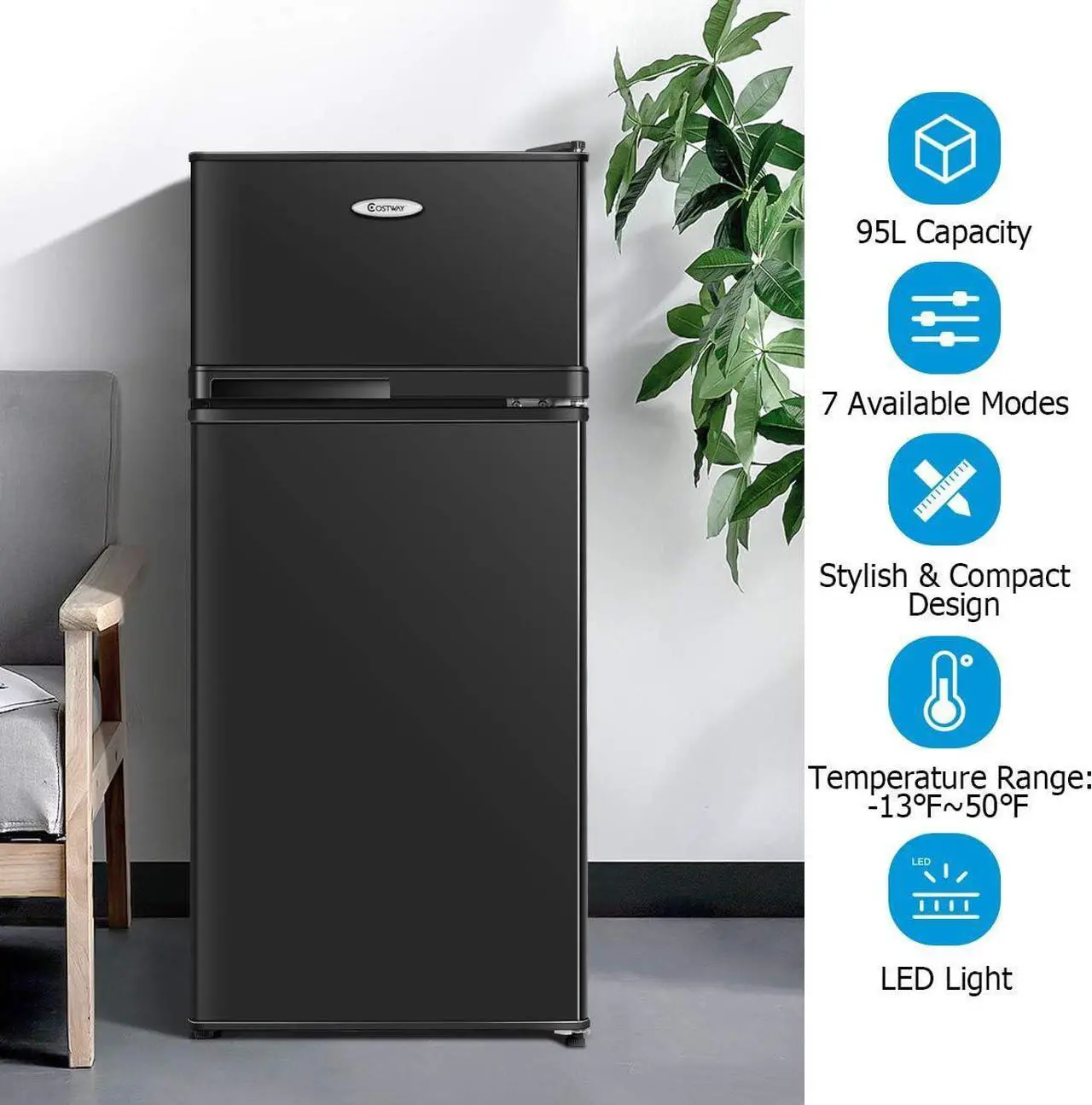Alt view image 4 of 7 - COSTWAY Compact Refrigerator, 3.4 Cu. Ft. Classic Fridge with Adjustable Removable Glass Shelves, Mechanical Control, Recessed Handle, Fridge Freezer for Dorm, Office, Apartment, Black