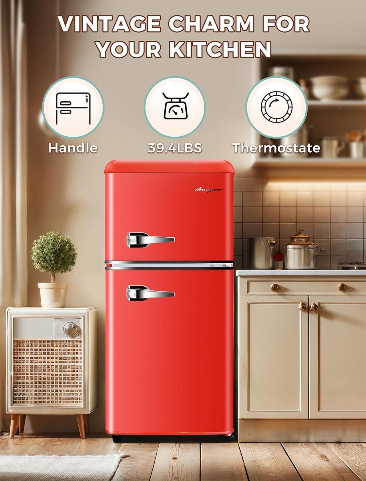 Alt view image 2 of 7 - 3.2 Cu.Ft Compact Refrigerator Mini Fridge with Freezer, Retro Double Door Small Fridge, 7 Level Thermostat Removable Shelves, Small Refrigerator for Dorm, Office, Bedroom, Red