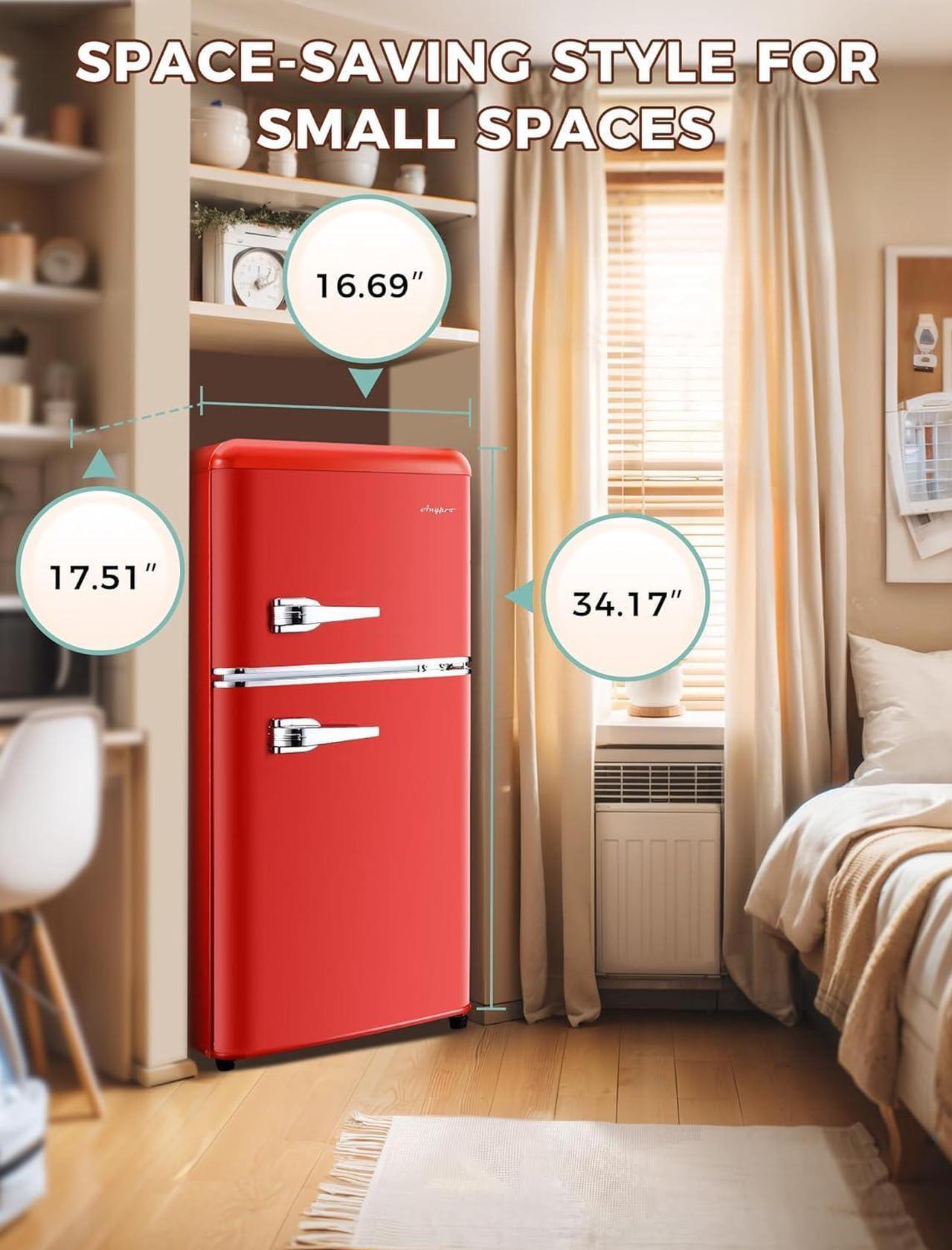 Alt view image 4 of 7 - 3.2 Cu.Ft Compact Refrigerator Mini Fridge with Freezer, Retro Double Door Small Fridge, 7 Level Thermostat Removable Shelves, Small Refrigerator for Dorm, Office, Bedroom, Red