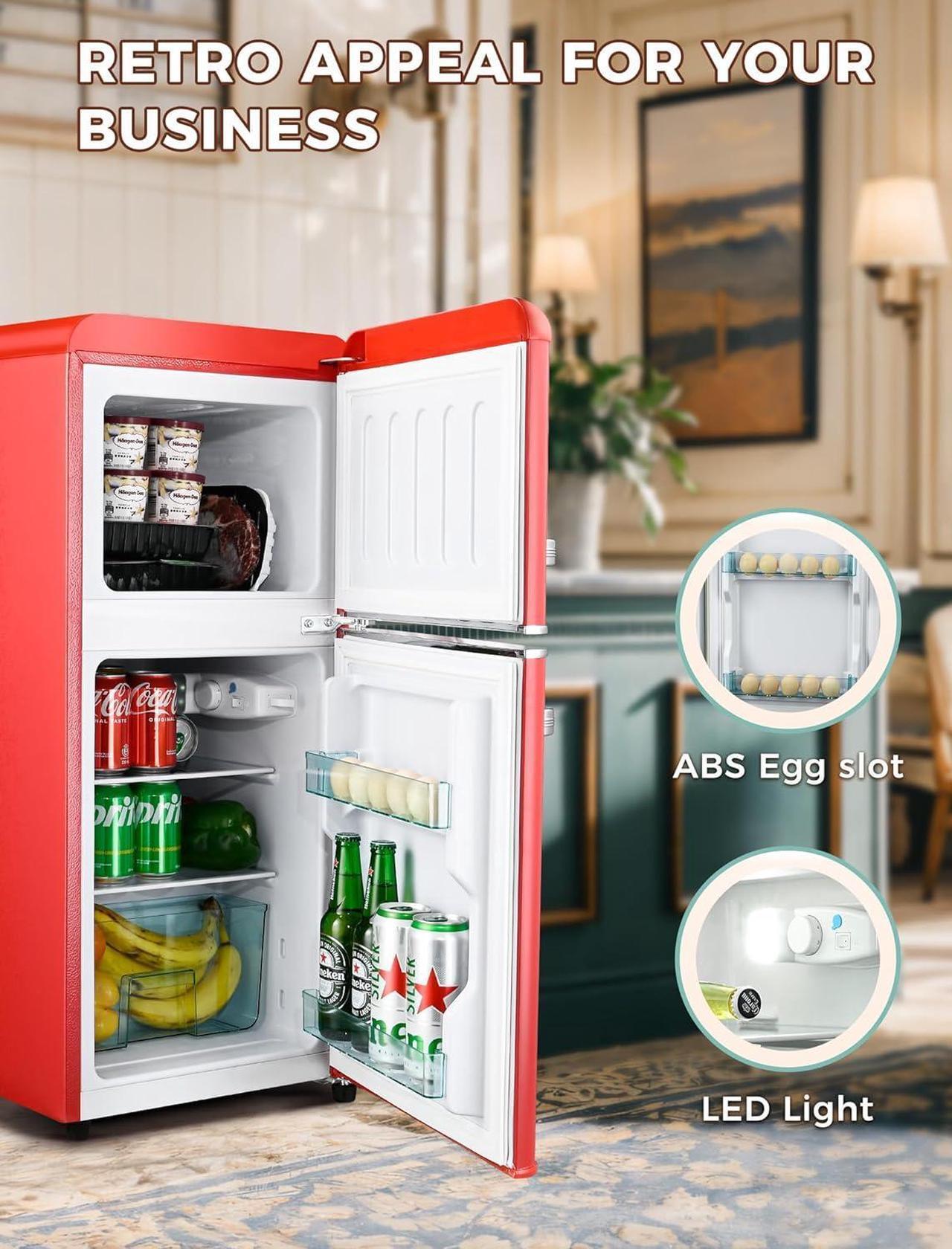 Alt view image 6 of 7 - 3.2 Cu.Ft Compact Refrigerator Mini Fridge with Freezer, Retro Double Door Small Fridge, 7 Level Thermostat Removable Shelves, Small Refrigerator for Dorm, Office, Bedroom, Red