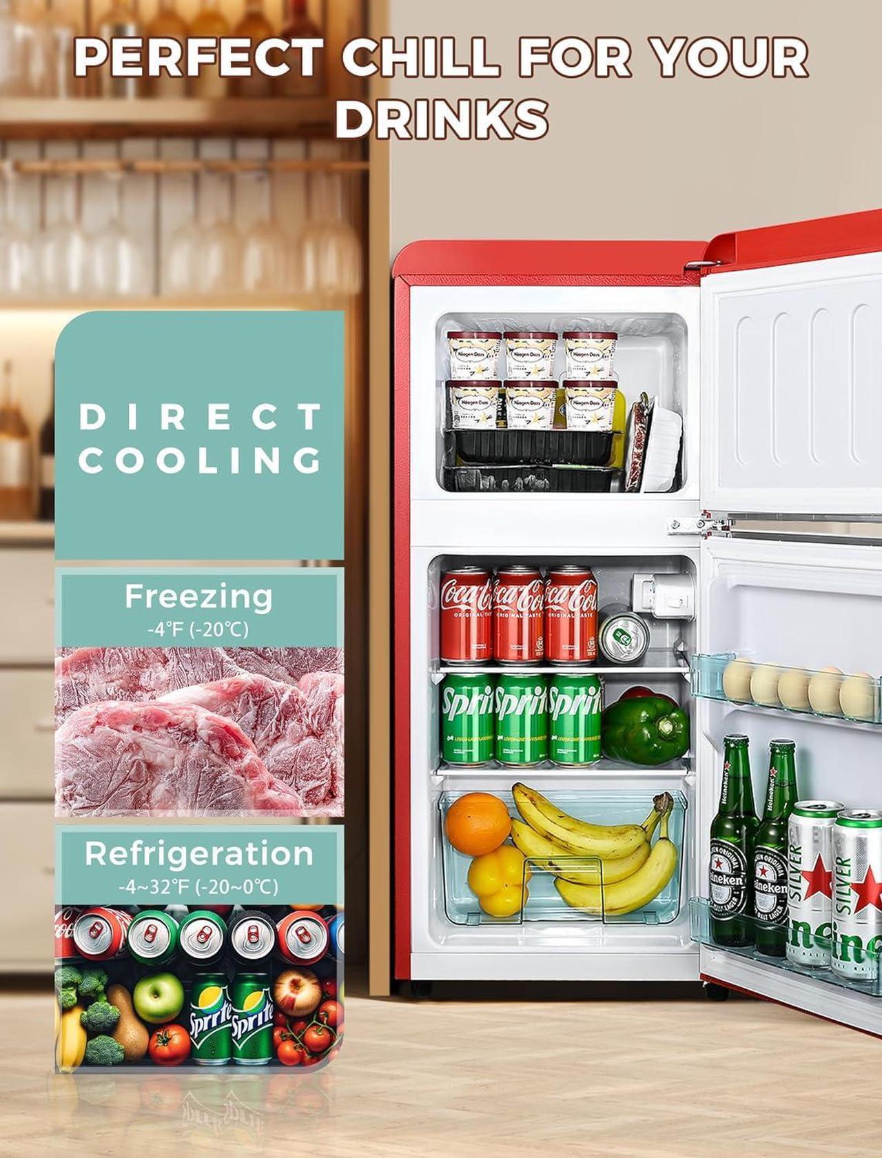 Alt view image 3 of 7 - 3.2 Cu.Ft Compact Refrigerator Mini Fridge with Freezer, Retro Double Door Small Fridge, 7 Level Thermostat Removable Shelves, Small Refrigerator for Dorm, Office, Bedroom, Red