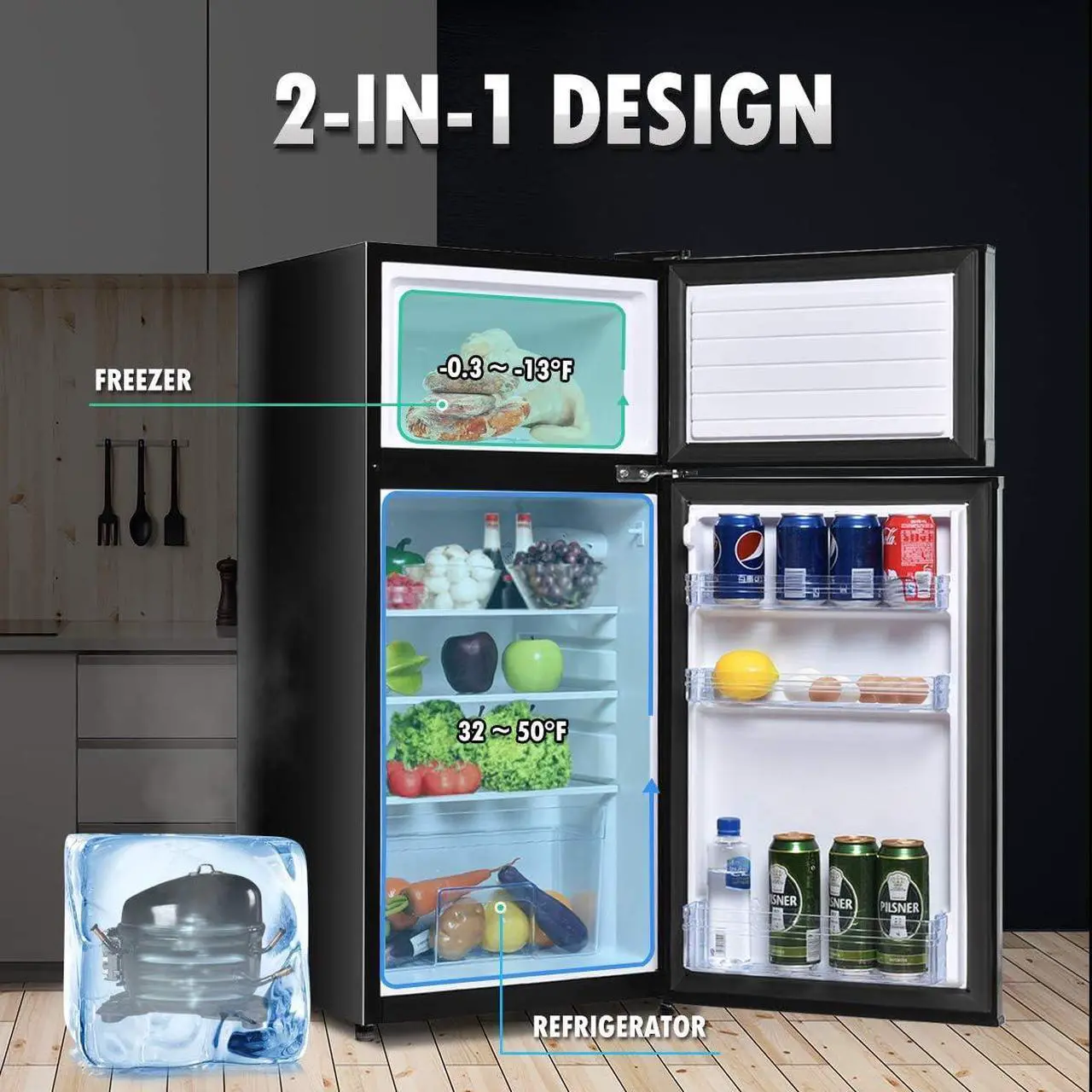 Alt view image 3 of 7 - GOFLAME Compact Refrigerator, 3.4 cu. ft. Mini Cooler Fridge with Removable Glass Shelves, Adjustable Thermostat, Freestanding Fridge with Top Door Freezer for Dorm, Office, Apartment Use (Black)