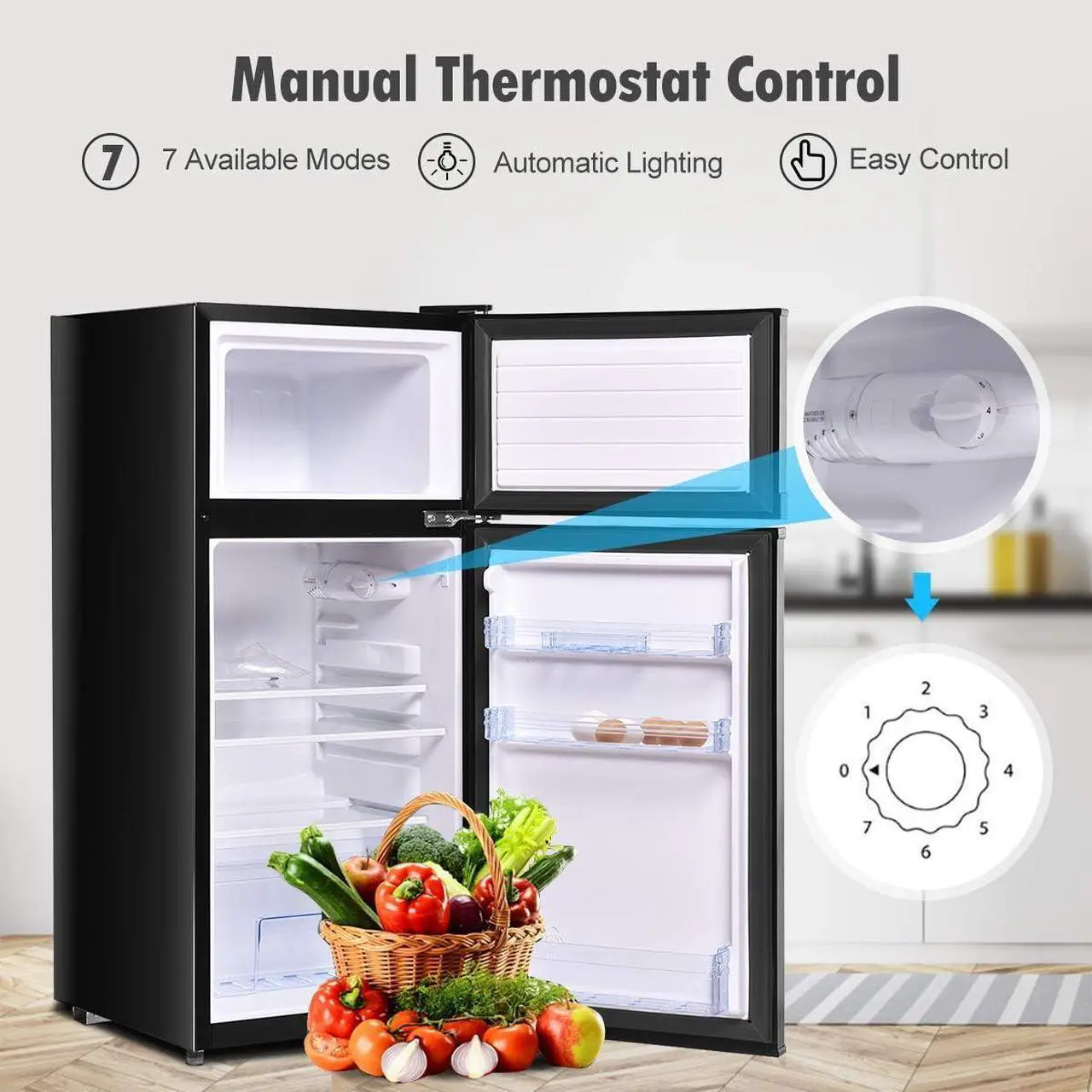 Alt view image 4 of 7 - GOFLAME Compact Refrigerator, 3.4 cu. ft. Mini Cooler Fridge with Removable Glass Shelves, Adjustable Thermostat, Freestanding Fridge with Top Door Freezer for Dorm, Office, Apartment Use (Black)