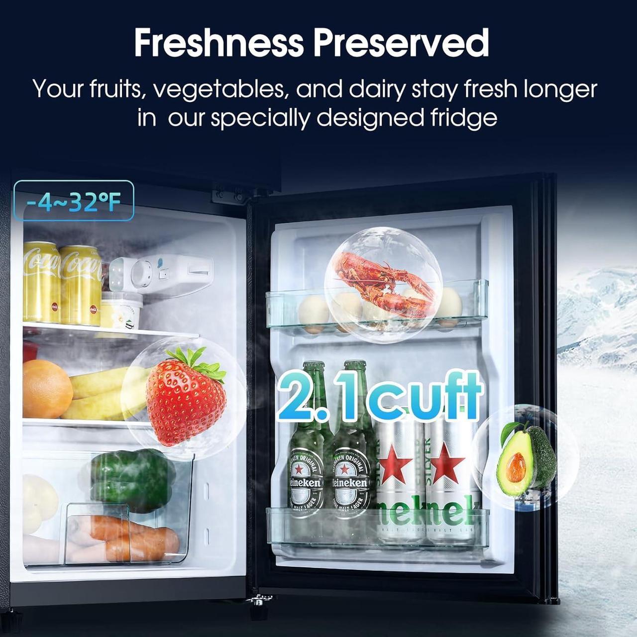 Alt view image 5 of 7 - 3.2 Cu.Ft Mini Fridge with Freezer, 2 Door Compact Refrigerator, Small Fridge with 7 Level Thermostat & LED Light, Small Refrigerator with Freezer for Bedroom, Office, Dorm, Black