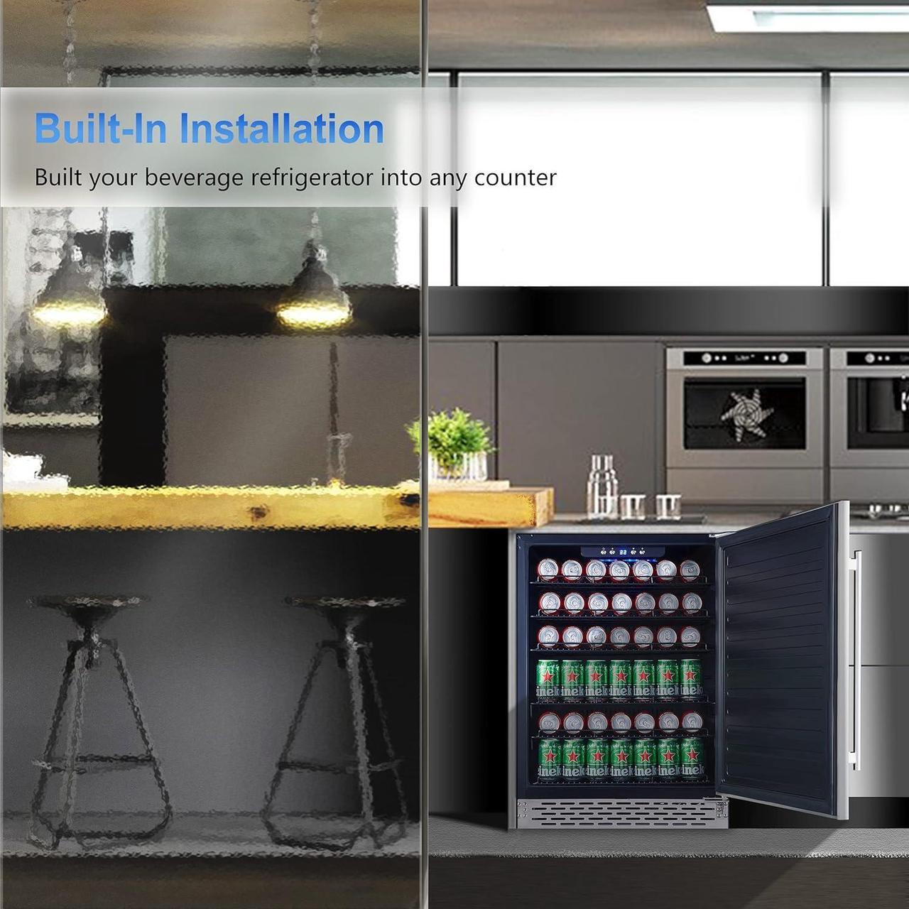 Alt view image 3 of 7 - Phiestina 24 inch Indoor/Outdoor Beverage Refrigerator 175 Cans Built-in/Freestanding Beverage Fridge Cooler Lockable Stainless Steel Door Auto Defrost Quiet For Home/Commercial,6 Removable Shelves