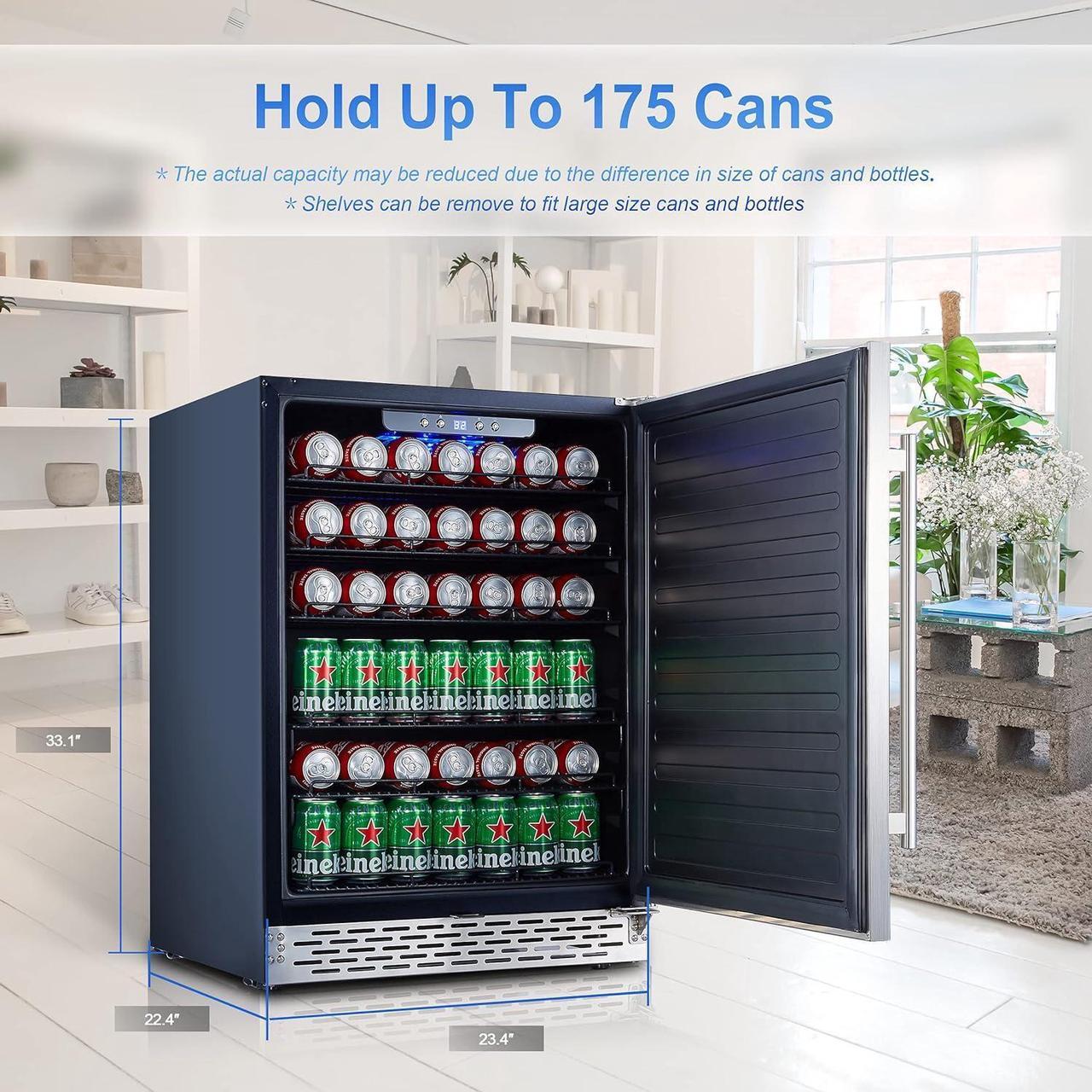 Alt view image 2 of 7 - Phiestina 24 inch Indoor/Outdoor Beverage Refrigerator 175 Cans Built-in/Freestanding Beverage Fridge Cooler Lockable Stainless Steel Door Auto Defrost Quiet For Home/Commercial,6 Removable Shelves