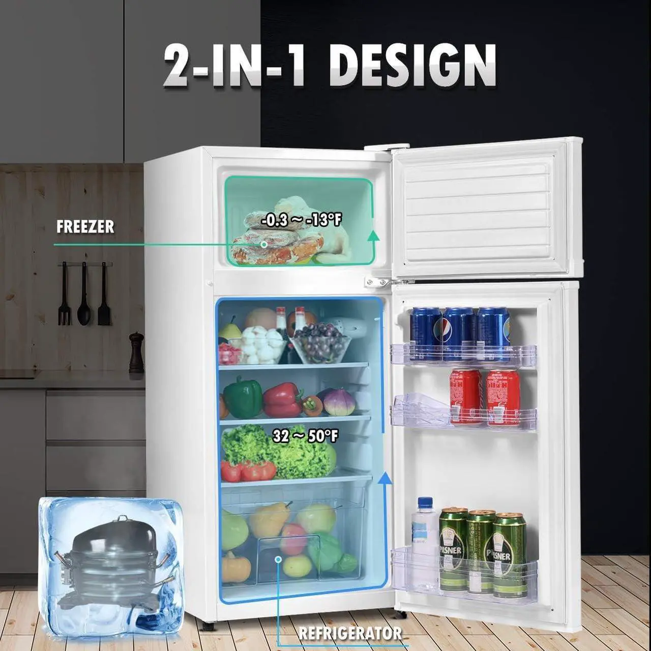 Alt view image 3 of 7 - COSTWAY Compact Refrigerator, 3.4 Cu. Ft. Classic Fridge with Adjustable Removable Glass Shelves, Mechanical Control, Recessed Handle, Fridge Freezer for Dorm, Office, Apartment, White