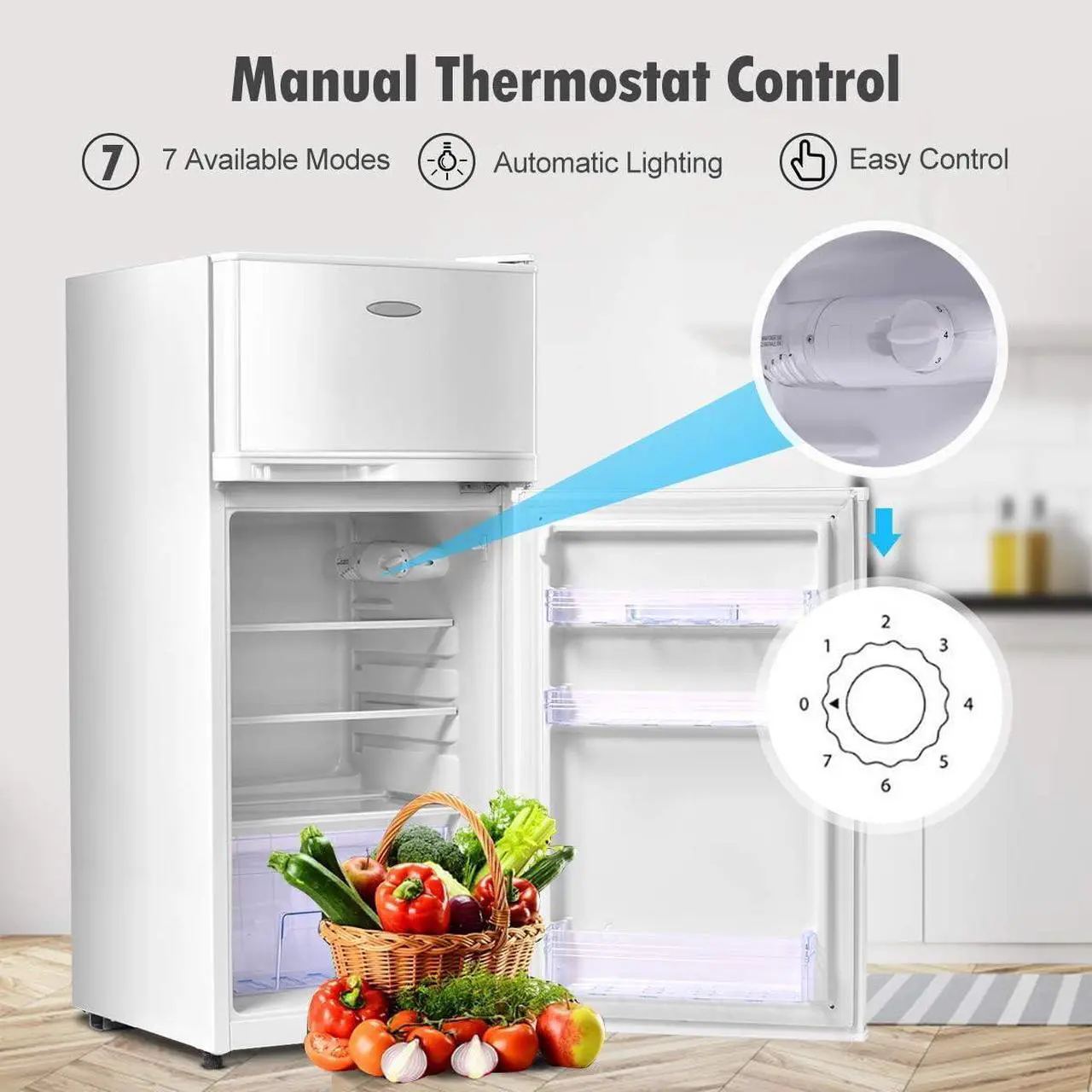 Alt view image 4 of 7 - COSTWAY Compact Refrigerator, 3.4 Cu. Ft. Classic Fridge with Adjustable Removable Glass Shelves, Mechanical Control, Recessed Handle, Fridge Freezer for Dorm, Office, Apartment, White