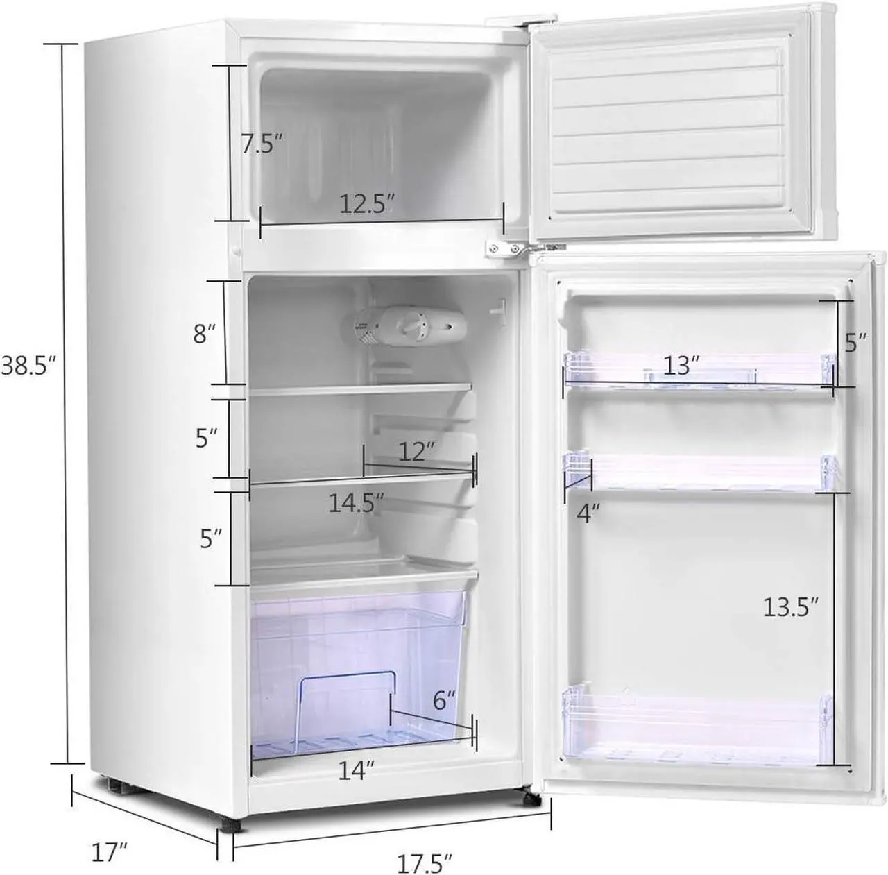Alt view image 5 of 7 - COSTWAY Compact Refrigerator, 3.4 Cu. Ft. Classic Fridge with Adjustable Removable Glass Shelves, Mechanical Control, Recessed Handle, Fridge Freezer for Dorm, Office, Apartment, White