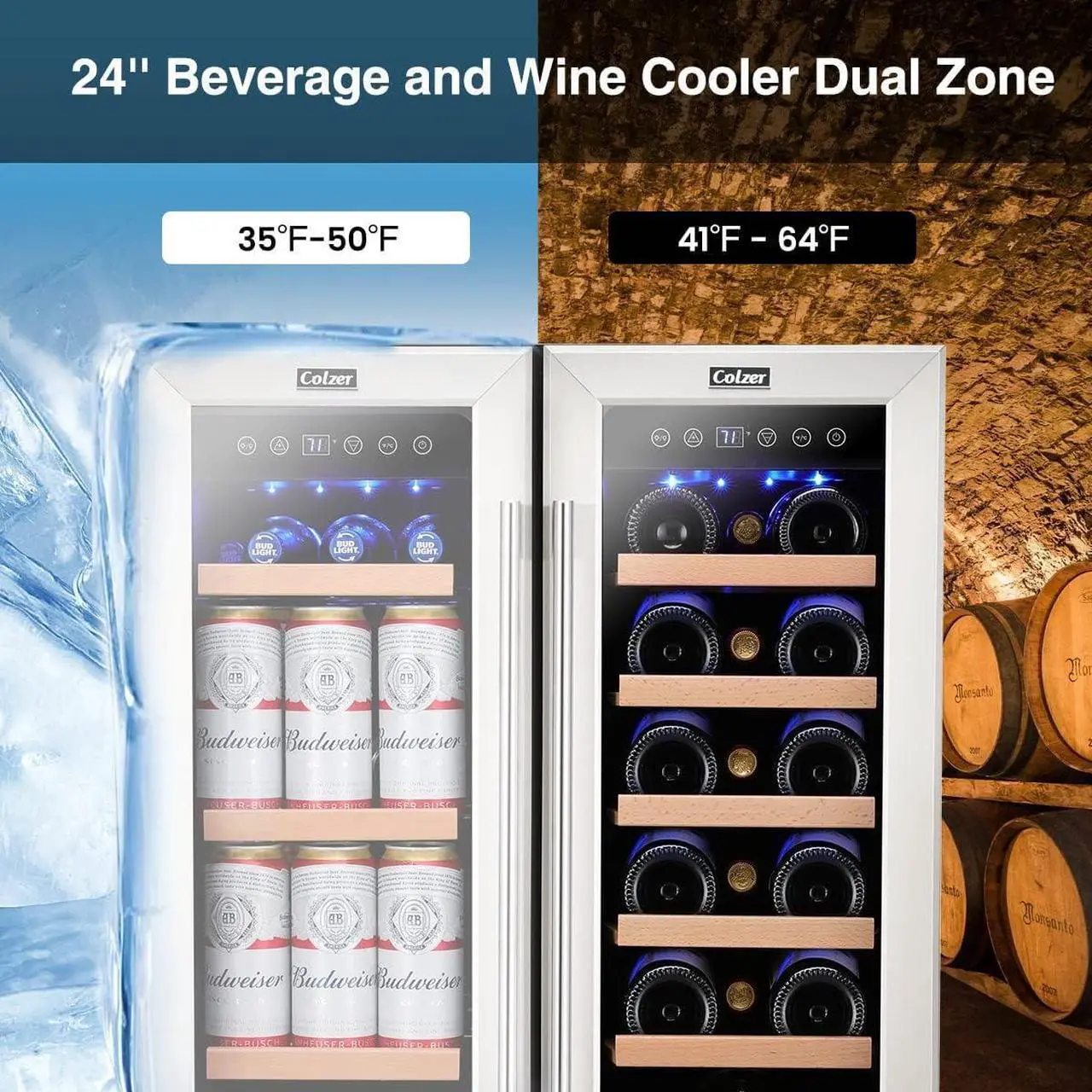 Alt view image 2 of 7 - Wine and Beverage Refrigerator 24 inch, Dual Zone Wine Cooler Under Counter Lockable 18 Bottles and 57 Cans Fridge Built in Freestanding for Beer Soda Drink Bar Kitchen Cabinet Commercial