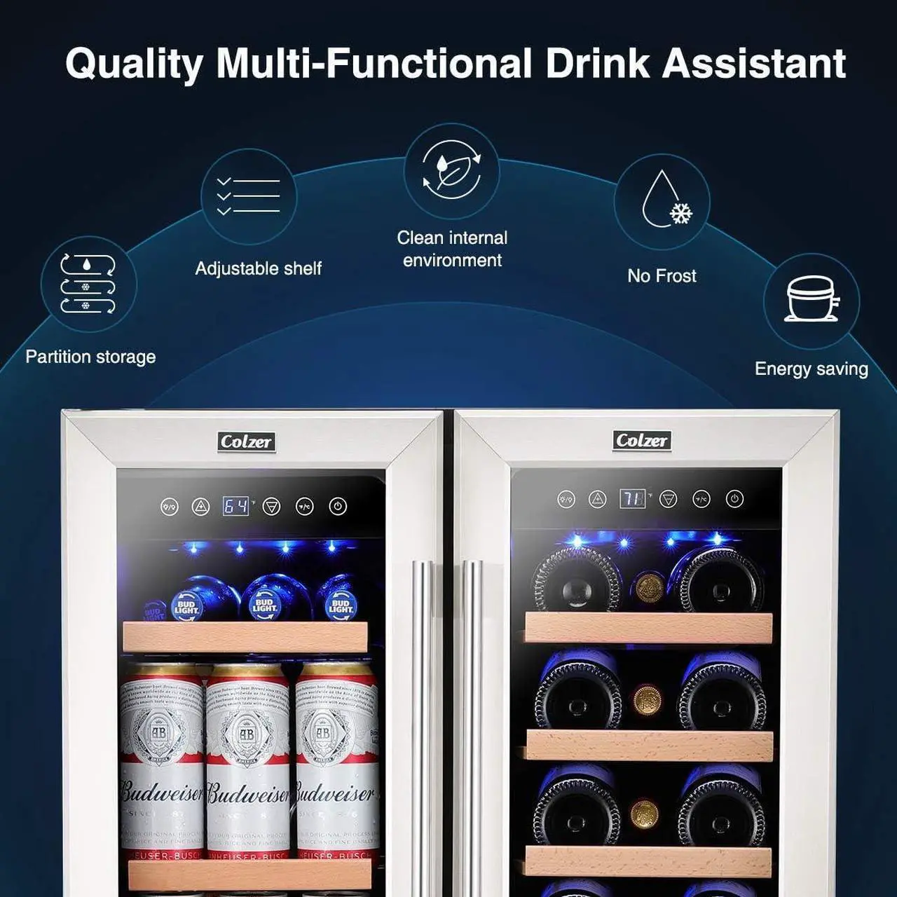 Alt view image 6 of 7 - Wine and Beverage Refrigerator 24 inch, Dual Zone Wine Cooler Under Counter Lockable 18 Bottles and 57 Cans Fridge Built in Freestanding for Beer Soda Drink Bar Kitchen Cabinet Commercial