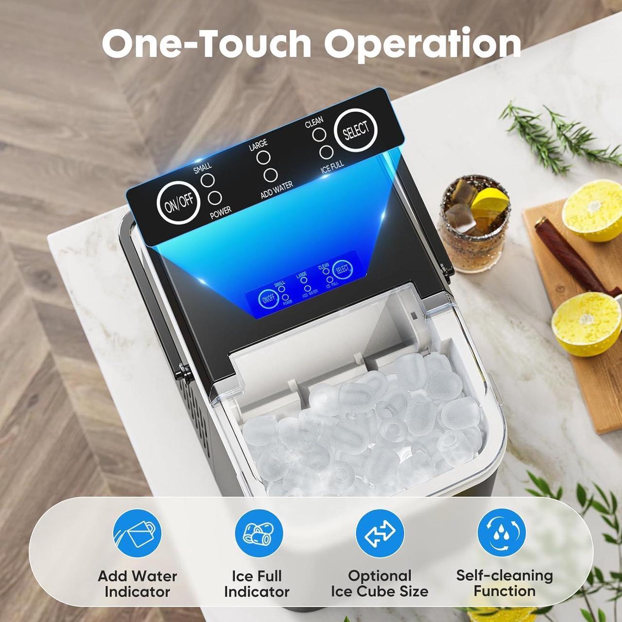 Alt view image 4 of 7 - Countertop Ice Maker, Portable Ice Machine Self-Cleaning, 9 Cubes in 6 Mins, 26.5Lbs/24H, 2 Sizes of Bullet Ice, Ice Scoop, Basket & Handle, Ice Cube Maker for Home Kitchen Party,1.5 L, Black