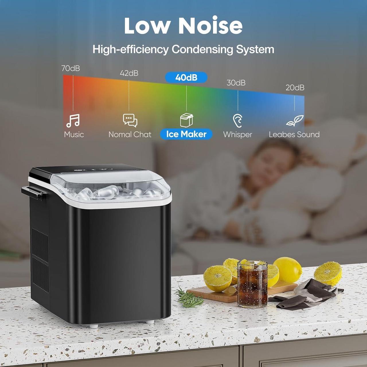 Alt view image 5 of 7 - Countertop Ice Maker, Portable Ice Machine Self-Cleaning, 9 Cubes in 6 Mins, 26.5Lbs/24H, 2 Sizes of Bullet Ice, Ice Scoop, Basket & Handle, Ice Cube Maker for Home Kitchen Party,1.5 L, Black
