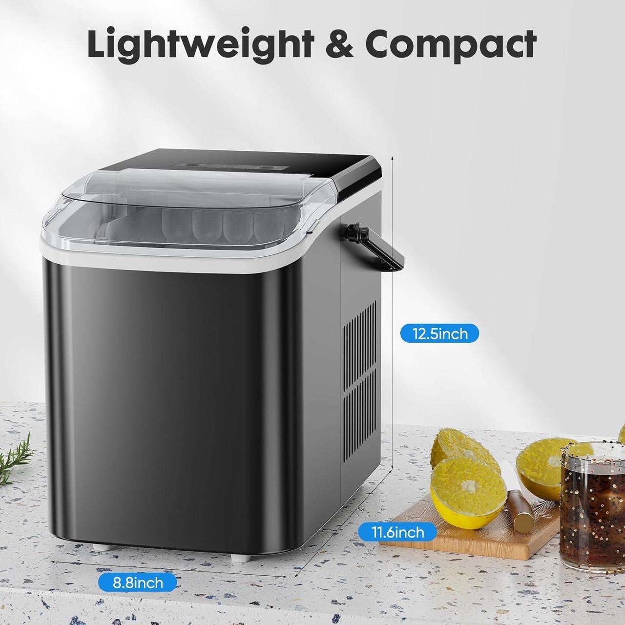 Alt view image 7 of 7 - Countertop Ice Maker, Portable Ice Machine Self-Cleaning, 9 Cubes in 6 Mins, 26.5Lbs/24H, 2 Sizes of Bullet Ice, Ice Scoop, Basket & Handle, Ice Cube Maker for Home Kitchen Party,1.5 L, Black