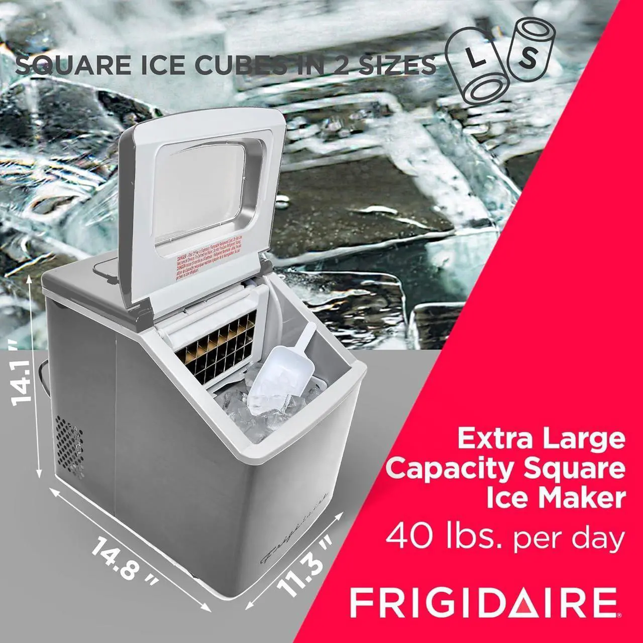 Alt view image 2 of 6 - FRIGIDAIRE EFIC452-SS 40 Lbs Extra Large Clear Maker, Stainless Steel, Makes Square Ice
