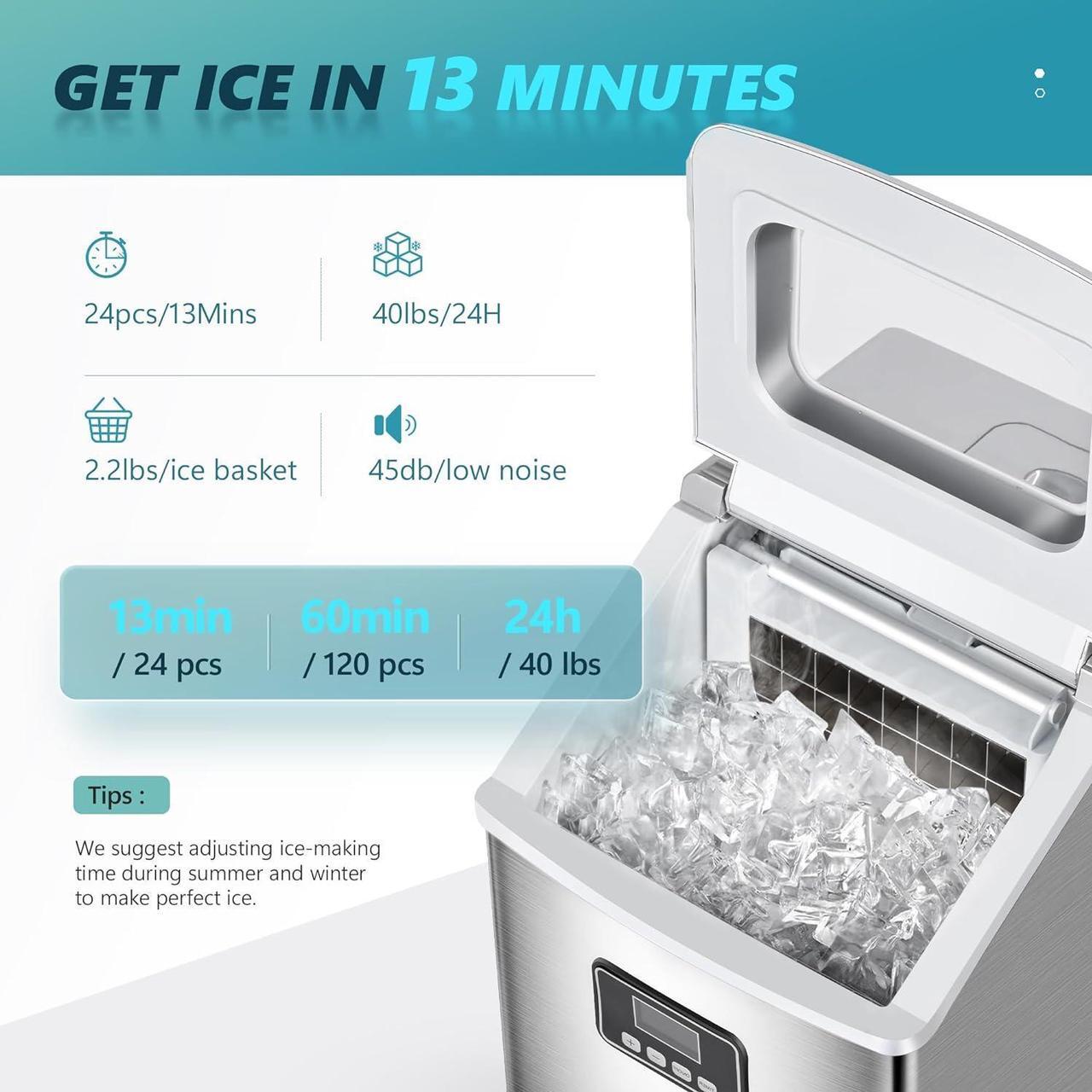 Alt view image 2 of 7 - Countertop Ice Maker Machine, 40Lbs/24H Auto Self-Cleaning, 24 Pcs Ice/13 Mins, Portable Compact Ice Maker with Ice Scoop & Basket, Perfect for Home/Kitchen/Office/Bar(Silver)