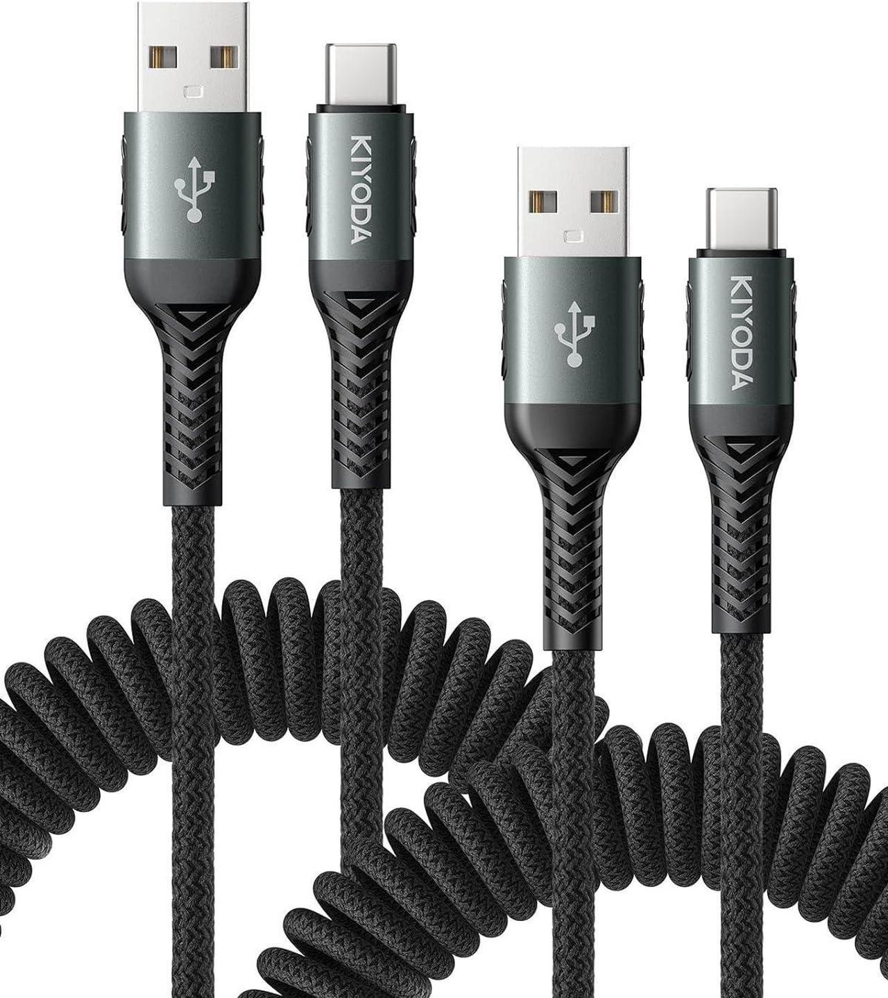 USB C Cable Nylon Braided Coiled 3FT USB A to Type C Charger Cord for Car 66W Fast Charging Cable Compatible with Samsung Galaxy S20 S10 S9 S8 Plus, Note 10 9 8 and Other USB C Devices - 2Pack