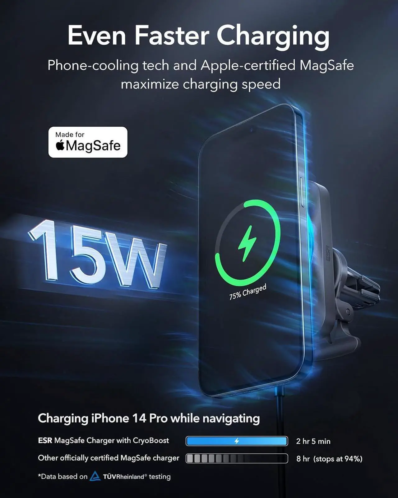 Alt view image 2 of 7 - 15W MagSafe Car Mount Charger with CryoBoost, Made for Apple-Certified, for MagSafe Car Charger, Magnetic Wireless Car Charger for iPhone 16/15/14/13/12, Fast Charging, Phone-Cooling Charger