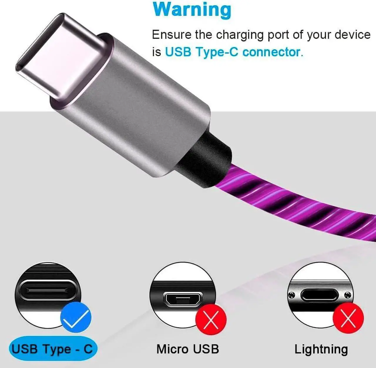 Alt view image 4 of 7 - USB Type C Cable, LED Light up USB A to Type C Charger Cord Compatible with Samsung Galaxy S20/S10/S9/S8, LG V40, 3A Lighted Fast Charge Cord (Purple, 6 ft)