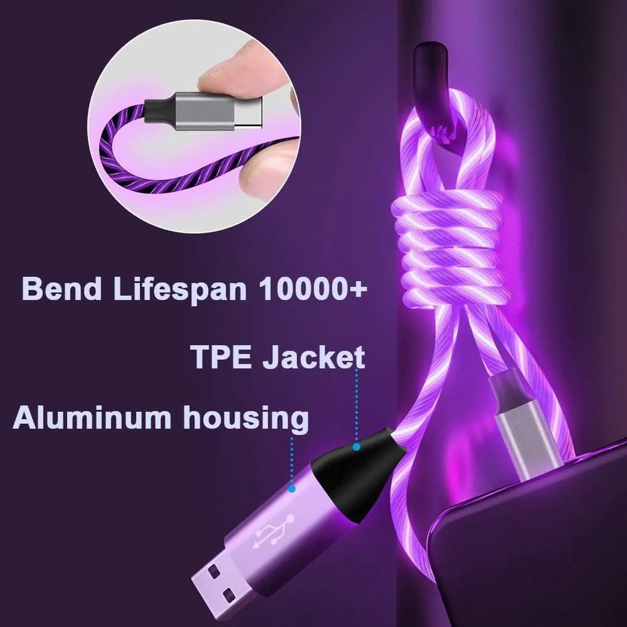 Alt view image 2 of 7 - USB Type C Cable, LED Light up USB A to Type C Charger Cord Compatible with Samsung Galaxy S20/S10/S9/S8, LG V40, 3A Lighted Fast Charge Cord (Purple, 6 ft)