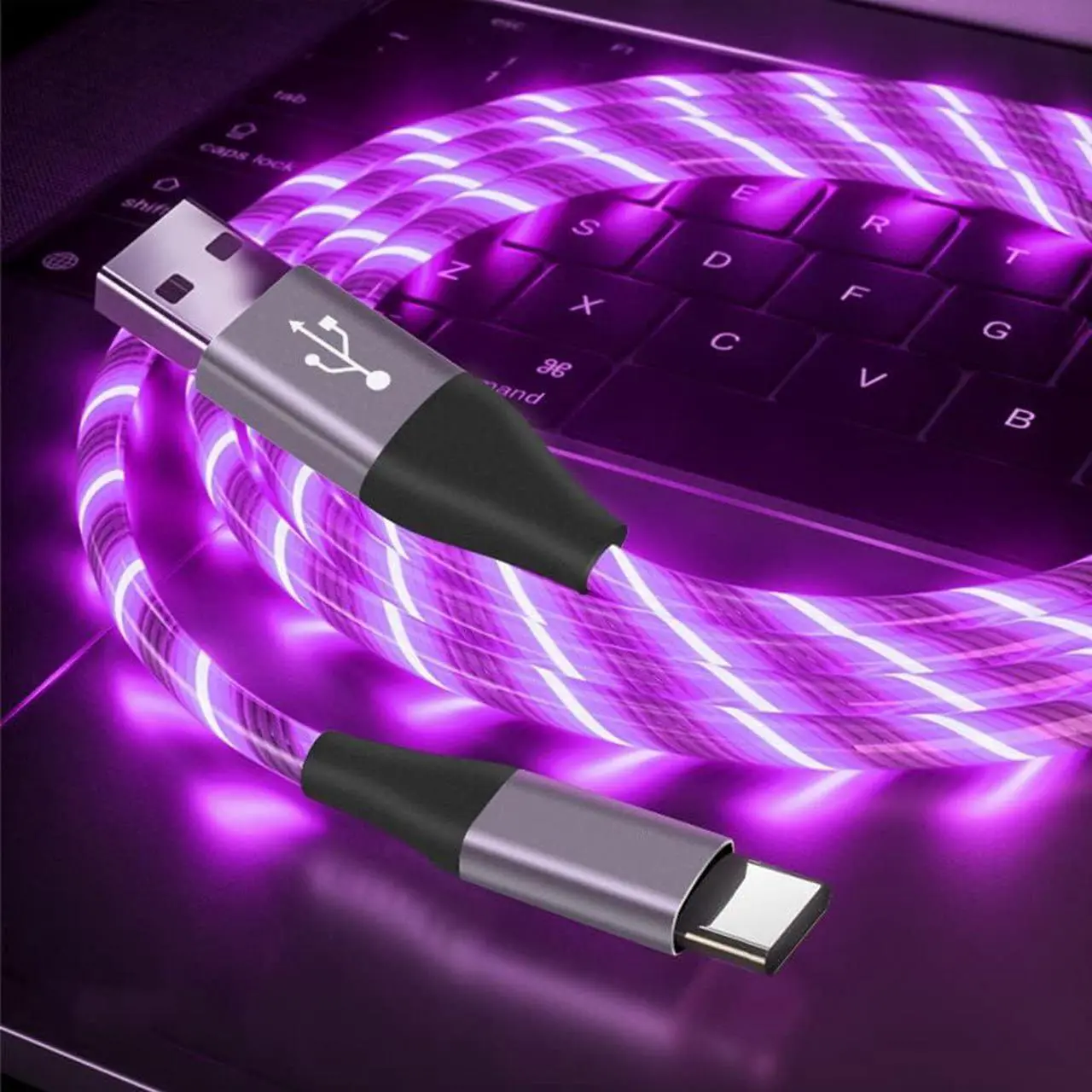 Alt view image 5 of 7 - USB Type C Cable, LED Light up USB A to Type C Charger Cord Compatible with Samsung Galaxy S20/S10/S9/S8, LG V40, 3A Lighted Fast Charge Cord (Purple, 6 ft)