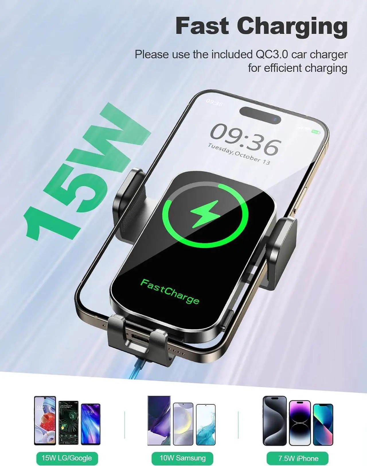 Alt view image 2 of 7 - Wireless Car Charger, Auto Clamping Car Phone Holder Charger, 15W Fast Charging Phone Mount for Dash Windshield Vent for iPhone 15 14 13 12 11 Pro Max, Samsung Galaxy S24+ S23 Ultra S22 S21+