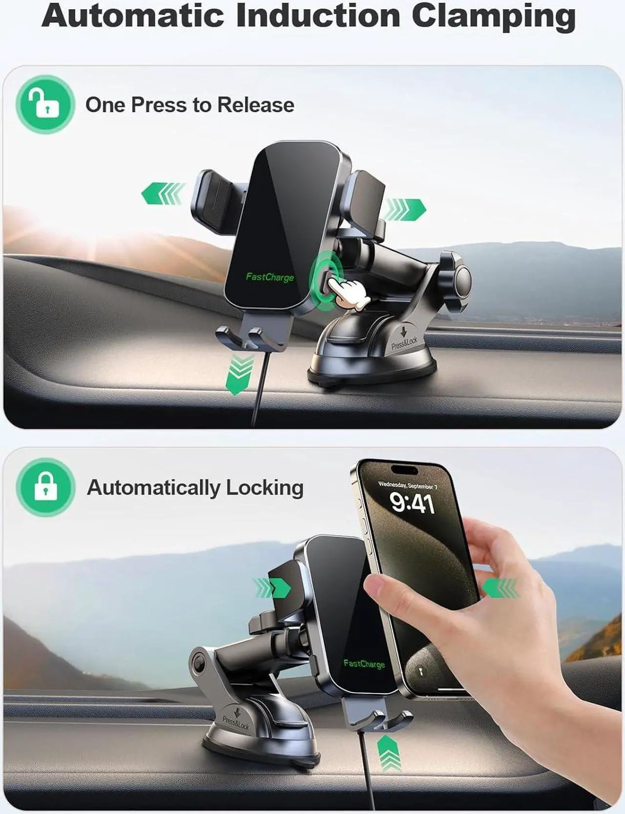 Alt view image 4 of 7 - Wireless Car Charger, Auto Clamping Car Phone Holder Charger, 15W Fast Charging Phone Mount for Dash Windshield Vent for iPhone 15 14 13 12 11 Pro Max, Samsung Galaxy S24+ S23 Ultra S22 S21+