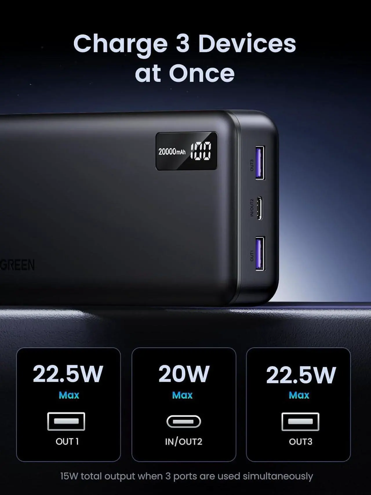 Alt view image 3 of 7 - UGREEN Power Bank, 20000mAh 22.5W Portable Charger USB C Input&Output PD 3.0 Fast Charging Battery Pack with Digital Display for iPhone 16/15/14/13, Galaxy S24/S23, Pixel 8, ipad, LG, etc Black