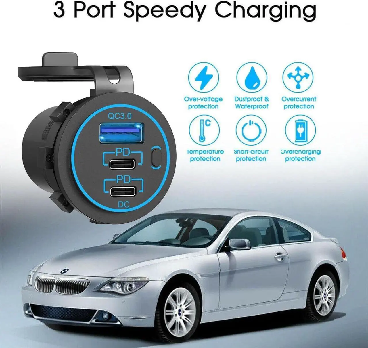 Alt view image 2 of 7 - 12V USB C Outlet, Two USB-C PD 20W Power Socket and 18W QC3.0 Socket Waterproof Power Outlet 12V/24V with Power Switch for Car Golf Cart Boat Marine Bus Truck RV Marine Motorcycle etc.