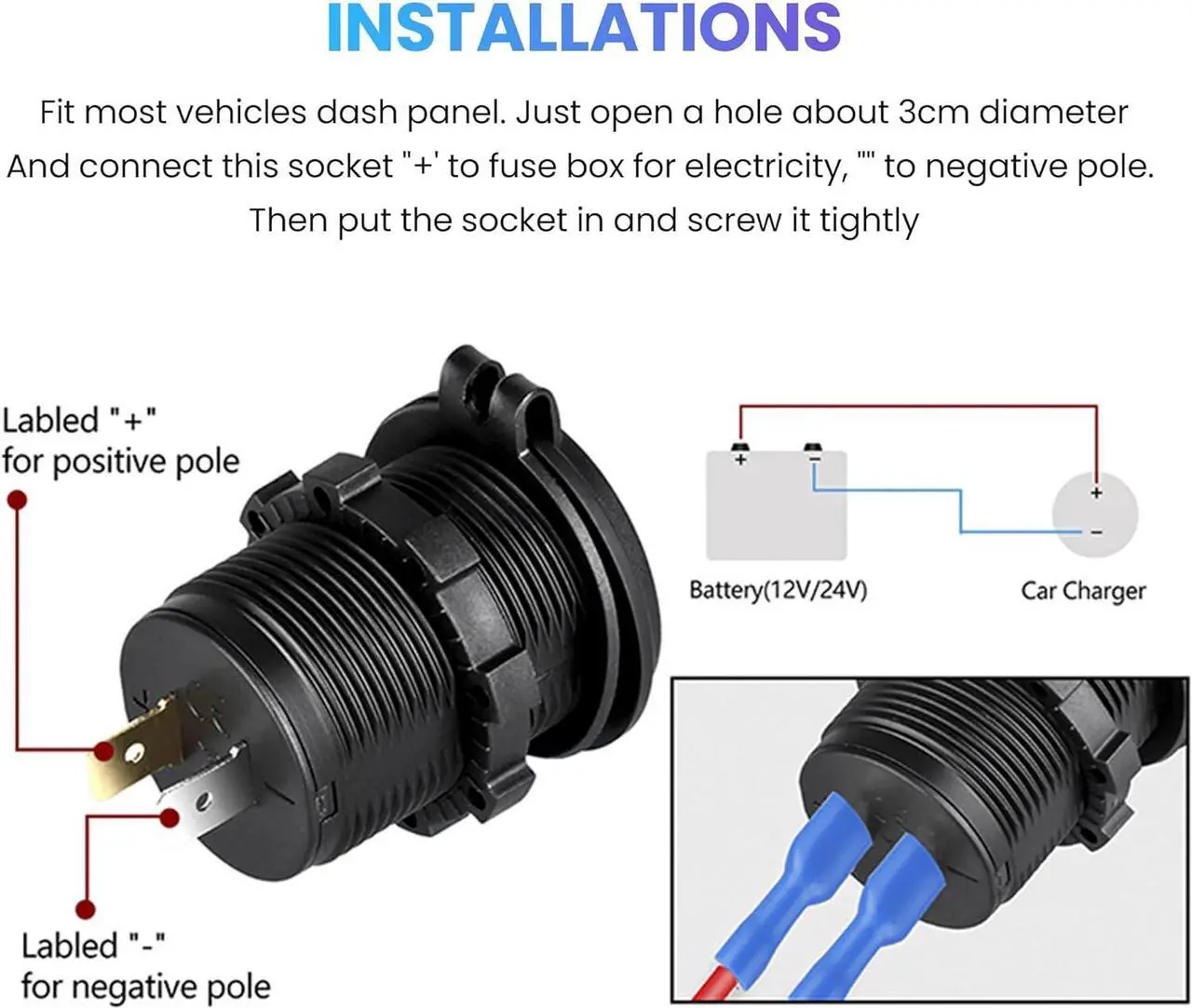 Alt view image 4 of 7 - 12V USB C Outlet, Two USB-C PD 20W Power Socket and 18W QC3.0 Socket Waterproof Power Outlet 12V/24V with Power Switch for Car Golf Cart Boat Marine Bus Truck RV Marine Motorcycle etc.