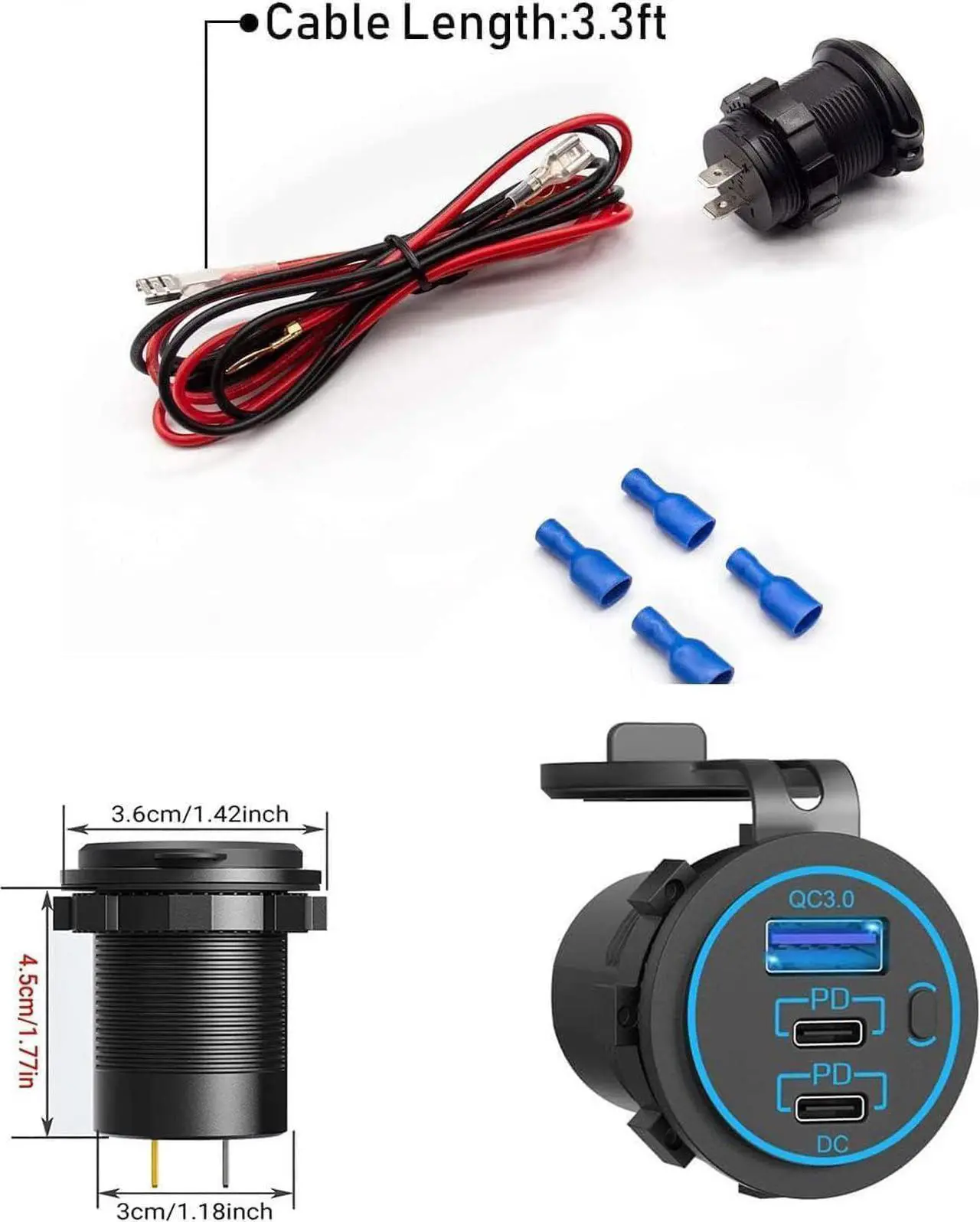 Alt view image 6 of 7 - 12V USB C Outlet, Two USB-C PD 20W Power Socket and 18W QC3.0 Socket Waterproof Power Outlet 12V/24V with Power Switch for Car Golf Cart Boat Marine Bus Truck RV Marine Motorcycle etc.