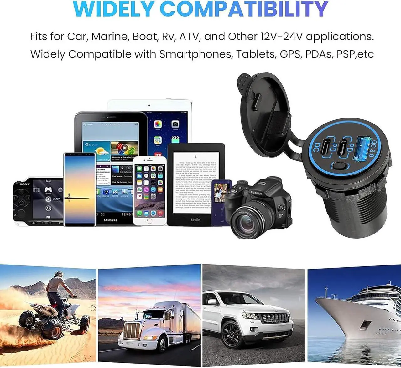Alt view image 7 of 7 - 12V USB C Outlet, Two USB-C PD 20W Power Socket and 18W QC3.0 Socket Waterproof Power Outlet 12V/24V with Power Switch for Car Golf Cart Boat Marine Bus Truck RV Marine Motorcycle etc.