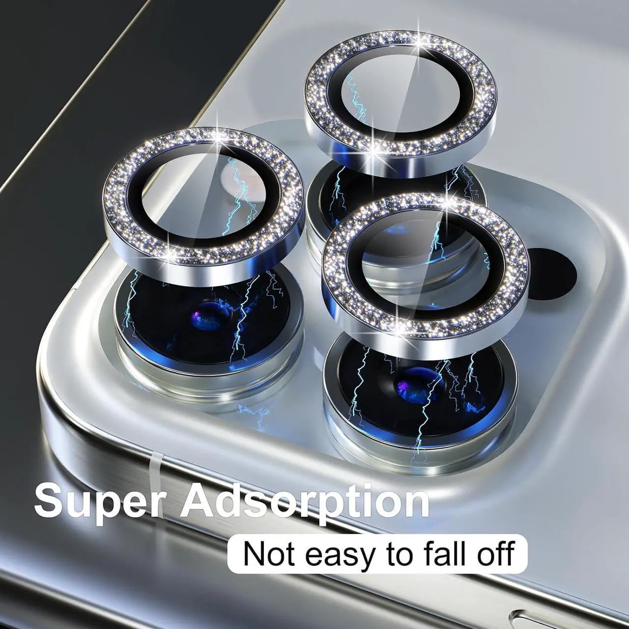 Alt view image 6 of 7 - Compatible for iPhone 15 Pro/iPhone 15 Pro Max Camera Lens Protector Bling, 9H Tempered Glass Camera Cover Screen Protector Metal Individual Ring Protector Decoration Accessories, Sliver Glitter