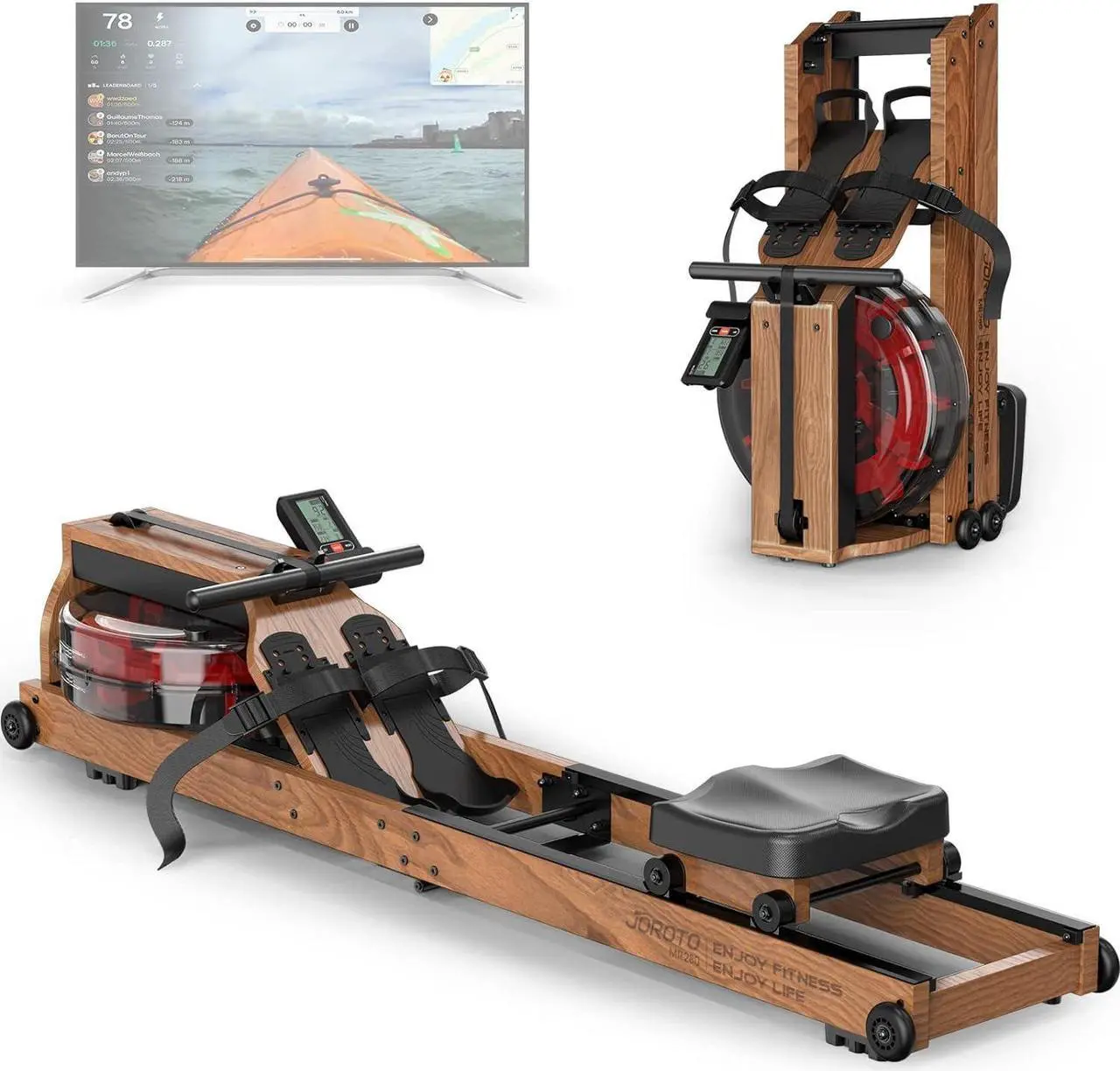Main image of JOROTO Water Rowing Machine for Home Use, Oak Wood Foldable Rower Machine 330lbs Weight Capacity with Bluetooth Monitor, Phone Holder
