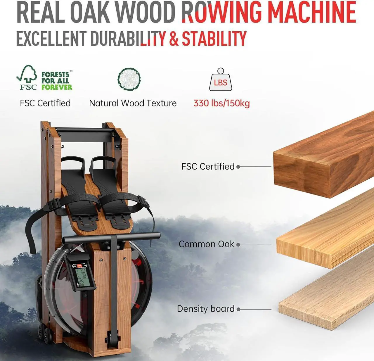 Alt view image 2 of 7 - JOROTO Water Rowing Machine for Home Use, Oak Wood Foldable Rower Machine 330lbs Weight Capacity with Bluetooth Monitor, Phone Holder