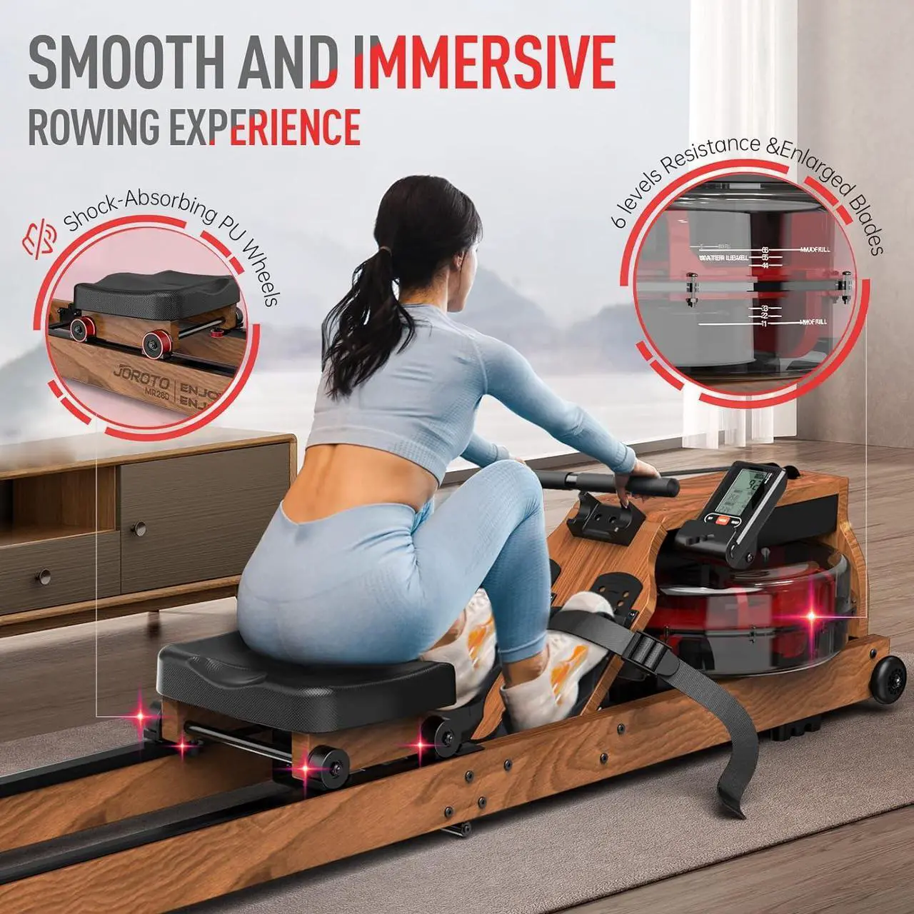 Alt view image 3 of 7 - JOROTO Water Rowing Machine for Home Use, Oak Wood Foldable Rower Machine 330lbs Weight Capacity with Bluetooth Monitor, Phone Holder