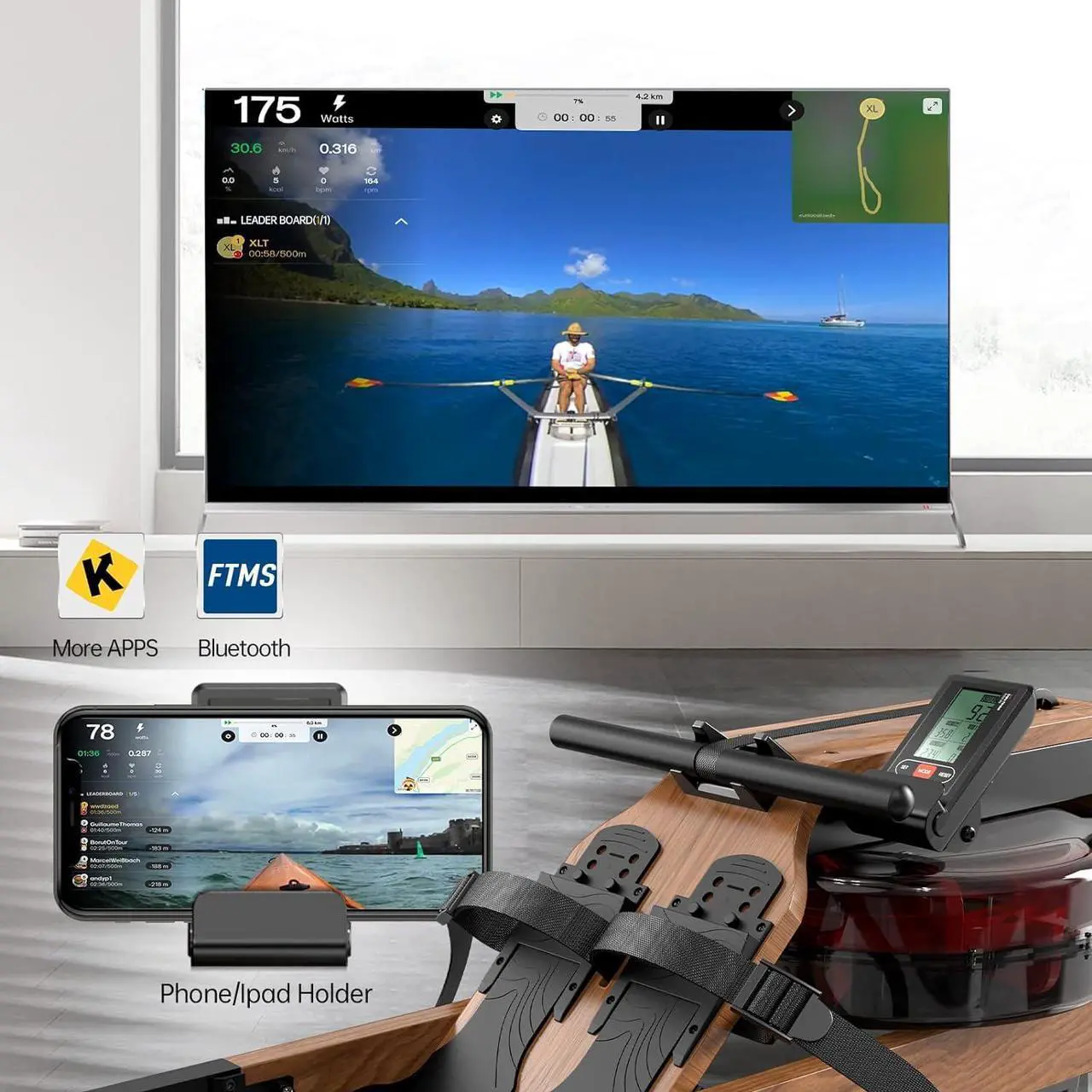 Alt view image 4 of 7 - JOROTO Water Rowing Machine for Home Use, Oak Wood Foldable Rower Machine 330lbs Weight Capacity with Bluetooth Monitor, Phone Holder
