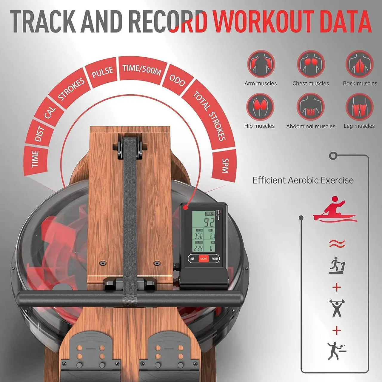 Alt view image 5 of 7 - JOROTO Water Rowing Machine for Home Use, Oak Wood Foldable Rower Machine 330lbs Weight Capacity with Bluetooth Monitor, Phone Holder