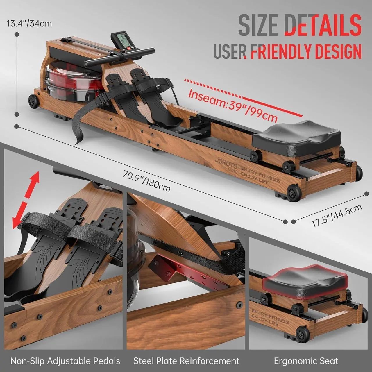 Alt view image 7 of 7 - JOROTO Water Rowing Machine for Home Use, Oak Wood Foldable Rower Machine 330lbs Weight Capacity with Bluetooth Monitor, Phone Holder