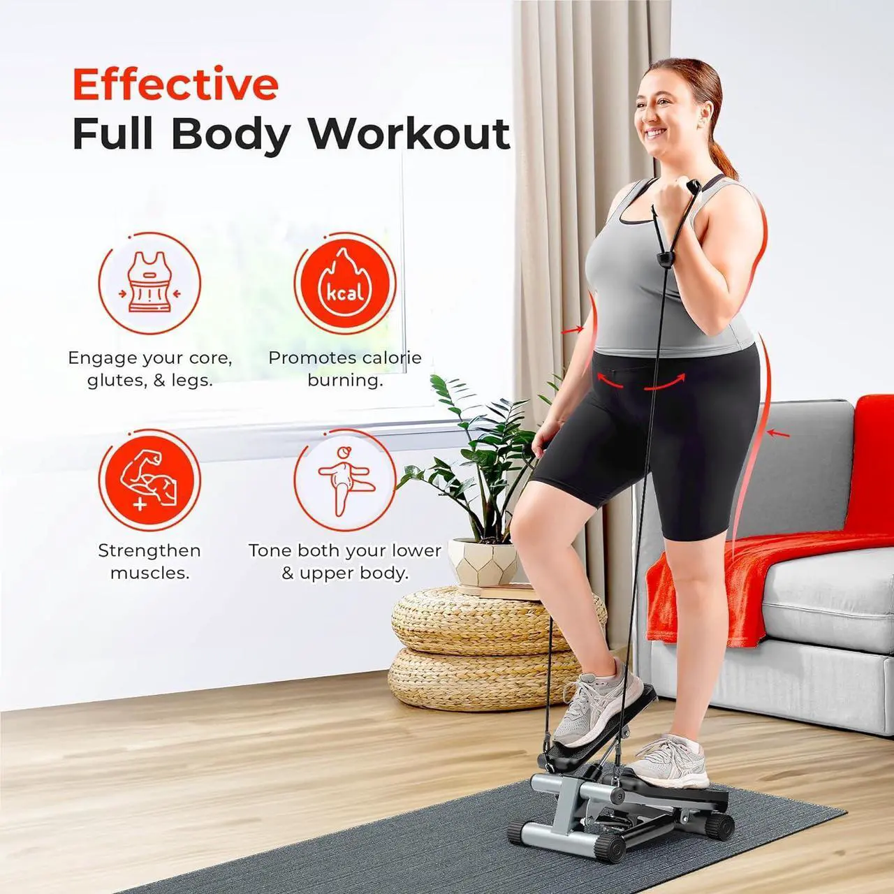 Alt view image 2 of 7 - Sunny Health & Fitness Mini Steppers for Exercise at Home, Stair Step Workout Machine with Resistance Bands, Full Body Cardio Equipment, Optional Smart Stepper with SunnyFit App Connection