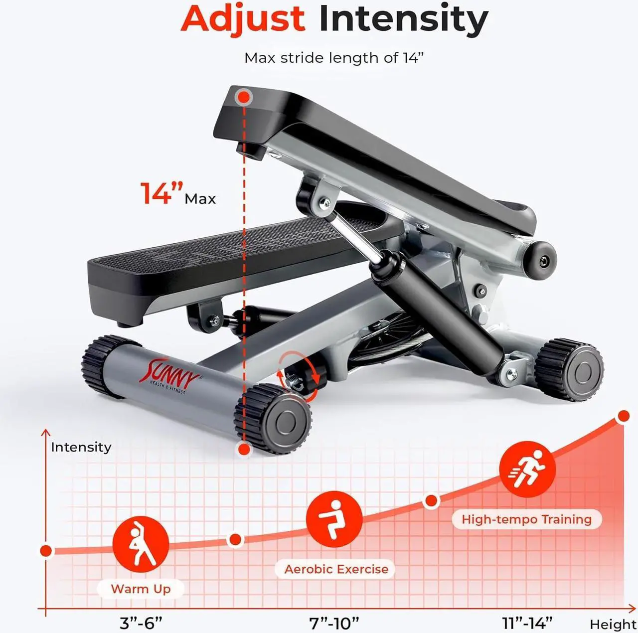 Alt view image 3 of 7 - Sunny Health & Fitness Mini Steppers for Exercise at Home, Stair Step Workout Machine with Resistance Bands, Full Body Cardio Equipment, Optional Smart Stepper with SunnyFit App Connection