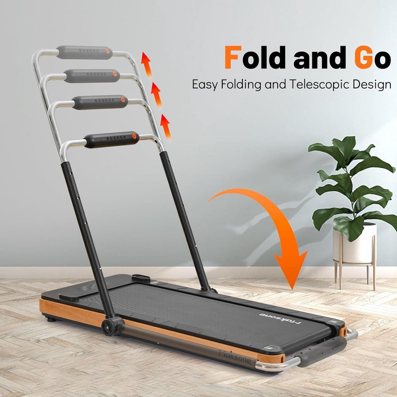 Alt view image 2 of 6 - Maksone Folding Walking Pad, Wood Under Desk Treadmill with Adjustable Handlebar, Foldable Treadmill with Remote Control, Installation-Free