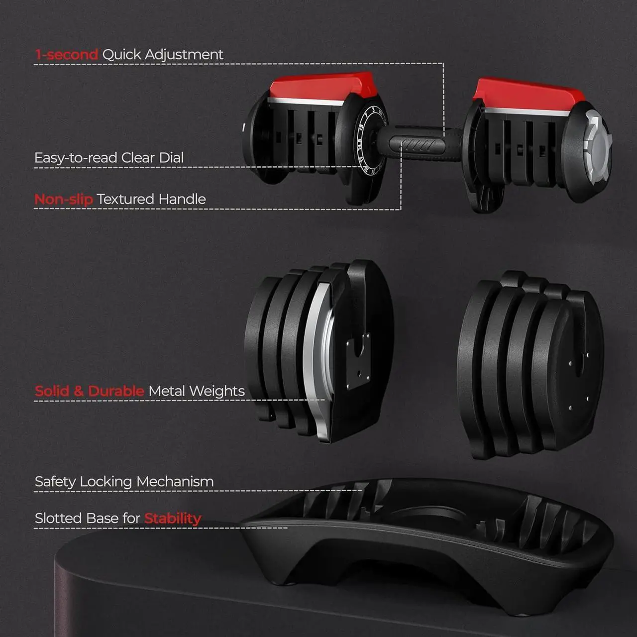 Alt view image 7 of 7 - Yaheetech Adjustable Dumbbell Set 40LB/52.5LB/90LB Adjustable Dumbbells Fast Adjust Dumbbell Weight Set with Anti-Slip Handle and Tray for Men/Women Home Gym Strength Training Equipment Single/Pair