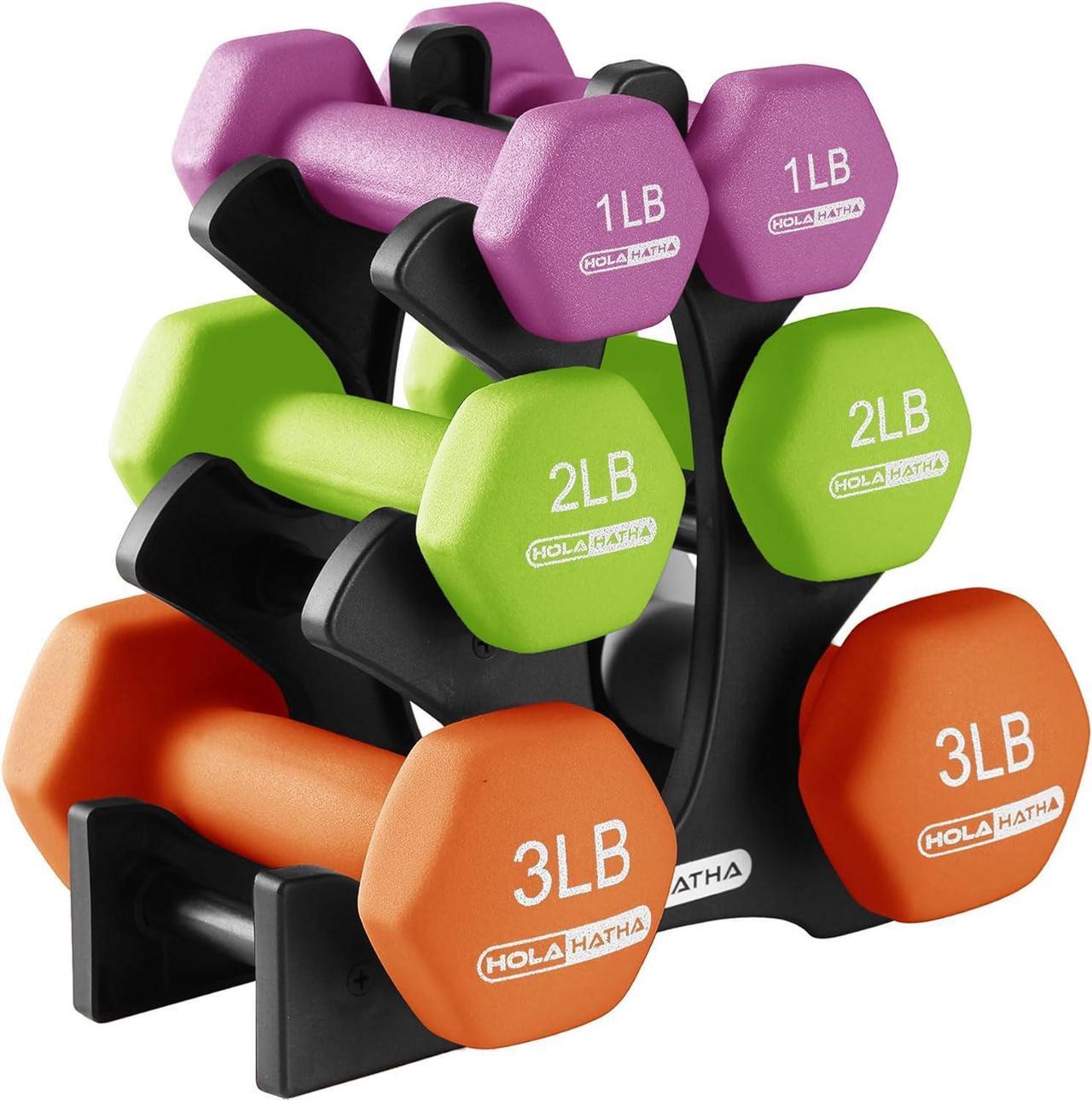 Main image of HolaHatha 2, 3, 5, 8, and 10 Pound Neoprene Dumbbell Free Hand Weight Set with Rack, Ideal for Home Exercises to Gain Tone and Definition, Pastel