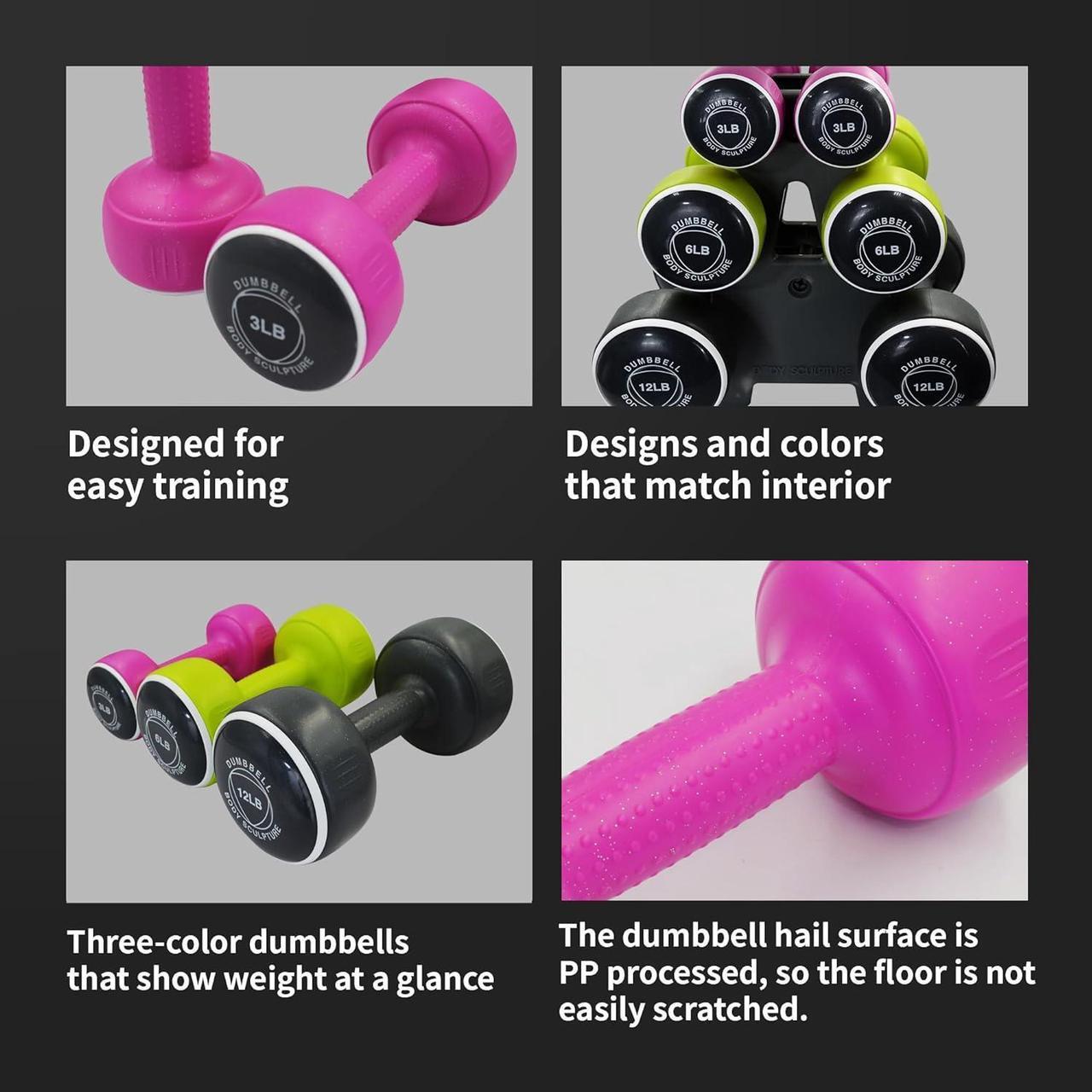 Alt view image 5 of 6 - Body Sculpture weights set FreeWeight Dumbbell Set with Rack Set includes 3, 6 and 12 lb weights ideal for men and women for small and large muscle groups
