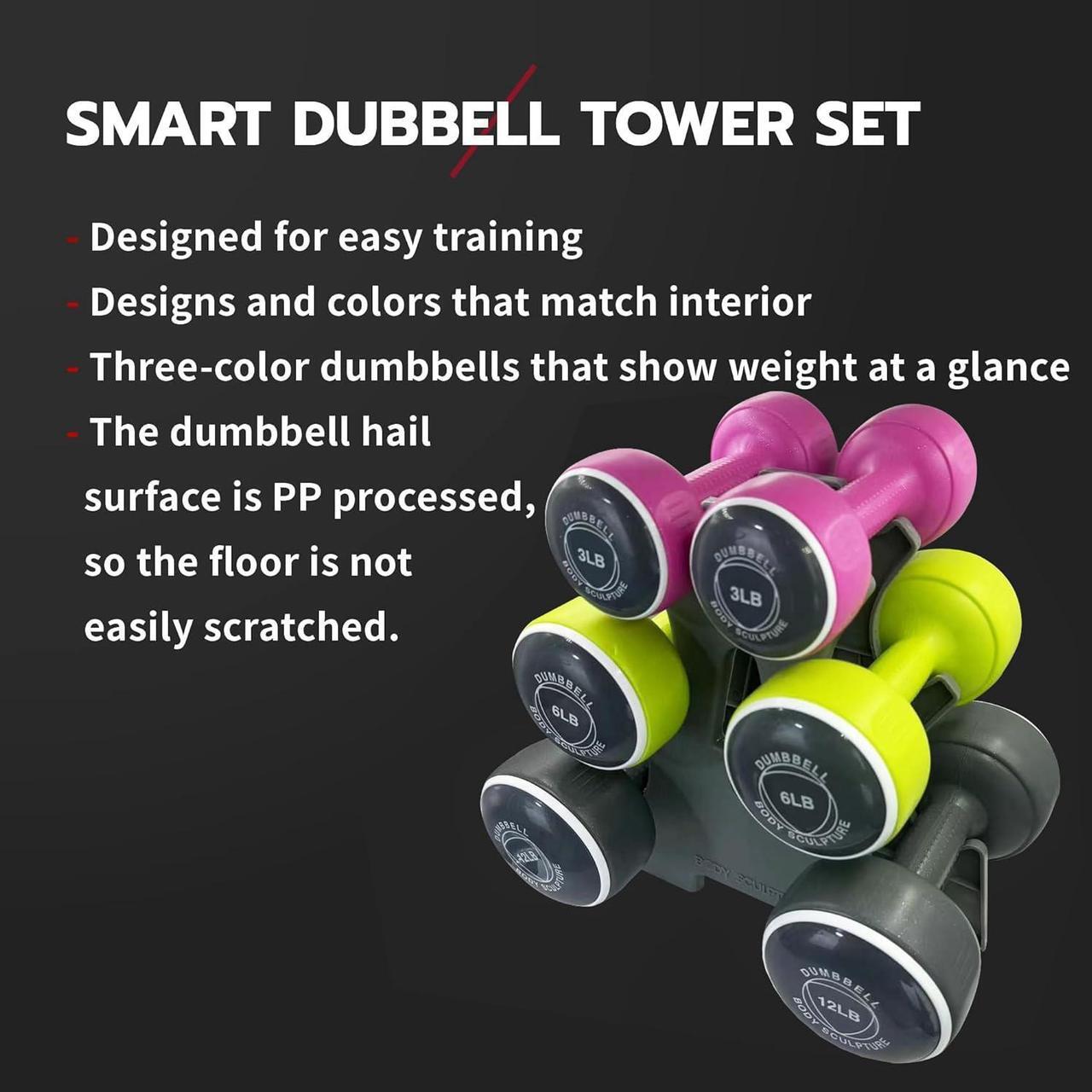 Alt view image 4 of 6 - Body Sculpture weights set FreeWeight Dumbbell Set with Rack Set includes 3, 6 and 12 lb weights ideal for men and women for small and large muscle groups